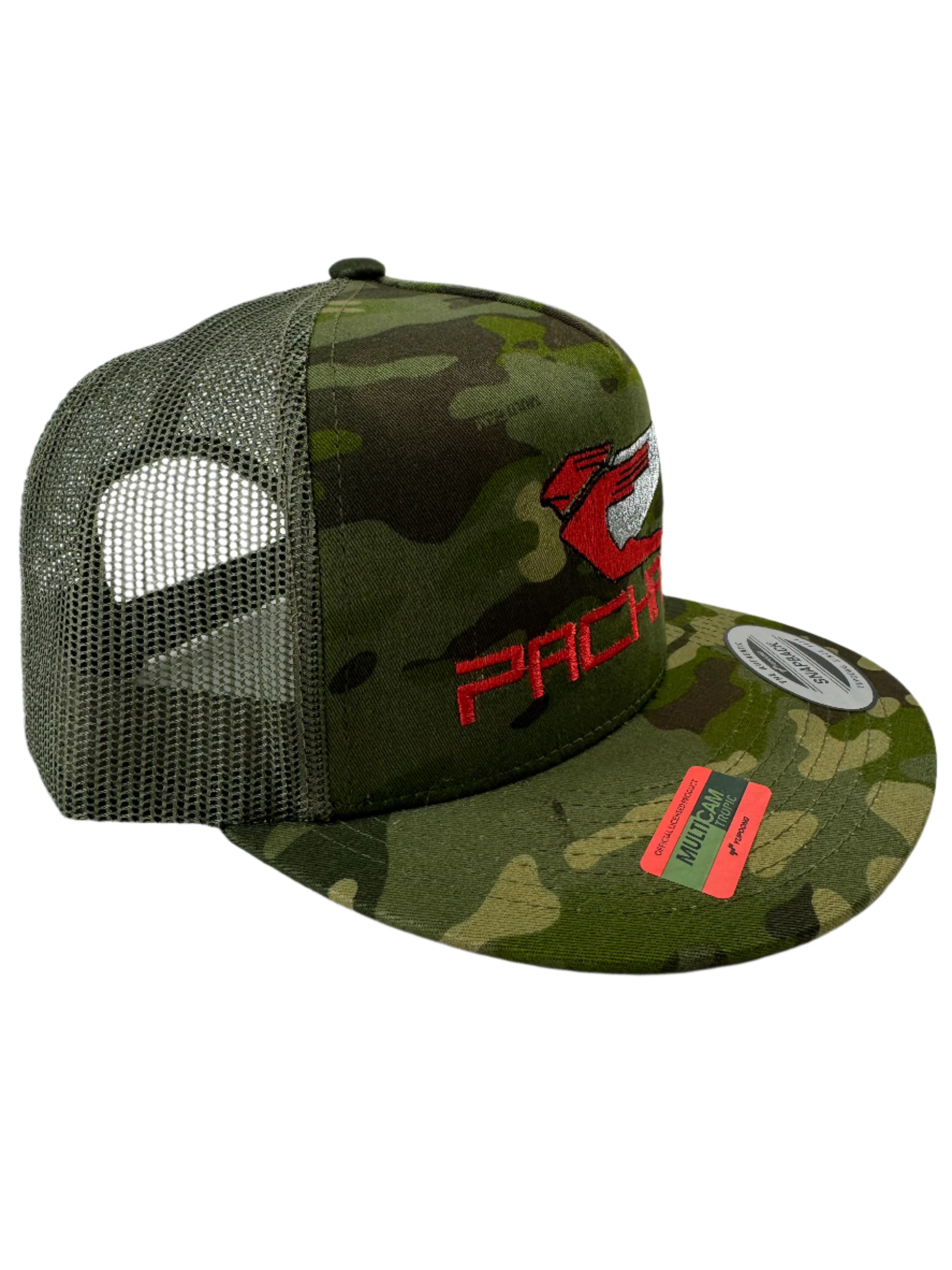 Embroidered Trucker Hat with Flat Brim - Red Logo Camouflage Design for Outdoor Activities, Sports & Casual Wear