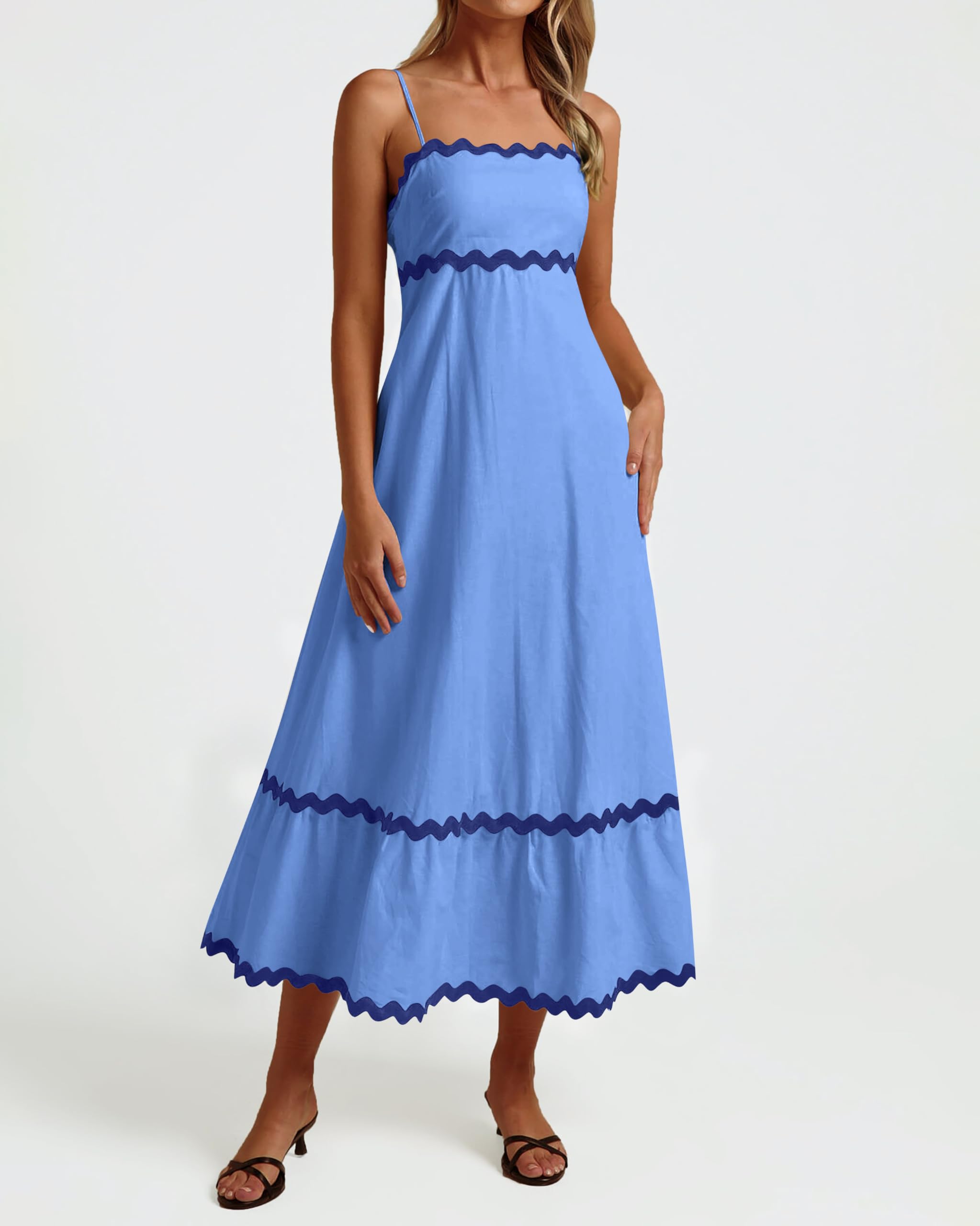 Dowerme Women's Summer Dresses 2025 - Spaghetti Strap Sleeveless Boho Flowy Midi Dress with Smocked Waist & Rickrack Trim | Perfect for Beach Vacation, Date Night & Casual Outings