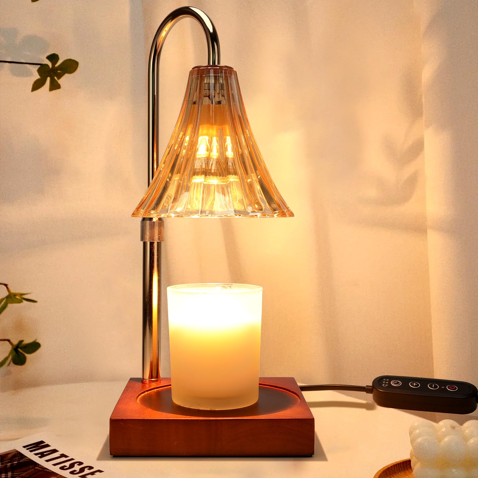 Vintage Adjustable Height Candle Warmer Lamp with Timer - Dimmable Electric Wax Melt Warmer for Jar Candles - Home Decor Glass Warming Light with 2 Bulbs - Perfect for Living Room, Bedroom & Office Aromatherapy