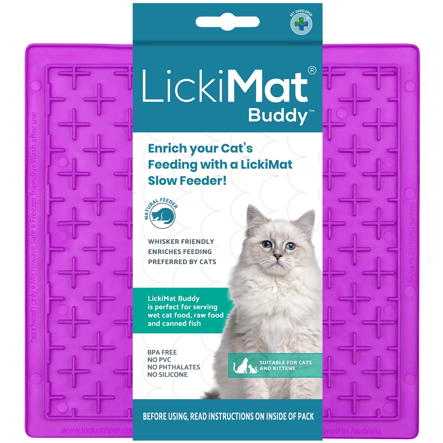 LickiMat Classic Buddy Cat Slow Feeder Lick Mat - Anxiety & Boredom Relief for Cats - Perfect for Wet Food, Treats, Yogurt & Peanut Butter - Fun Alternative to Slow Feed Bowl - Purple - Great for Mealtime Enrichment & Stress Reduction