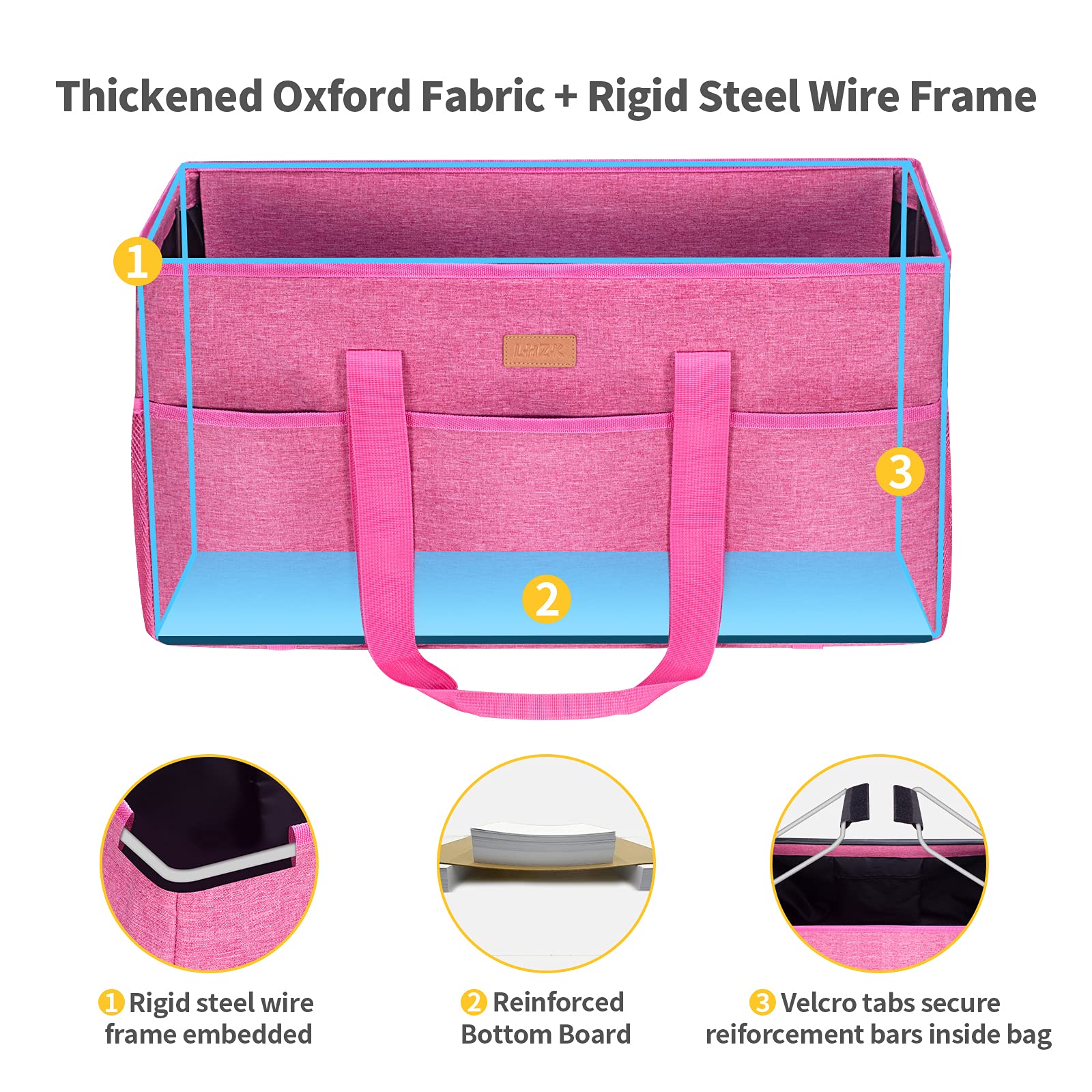 LHZK Extra Large Stand Up Utility Tote Bag with Lid - Reinforced Metal Wire Frame & Sides - Perfect for Grocery Shopping, Beach Trips, and Storage Organization