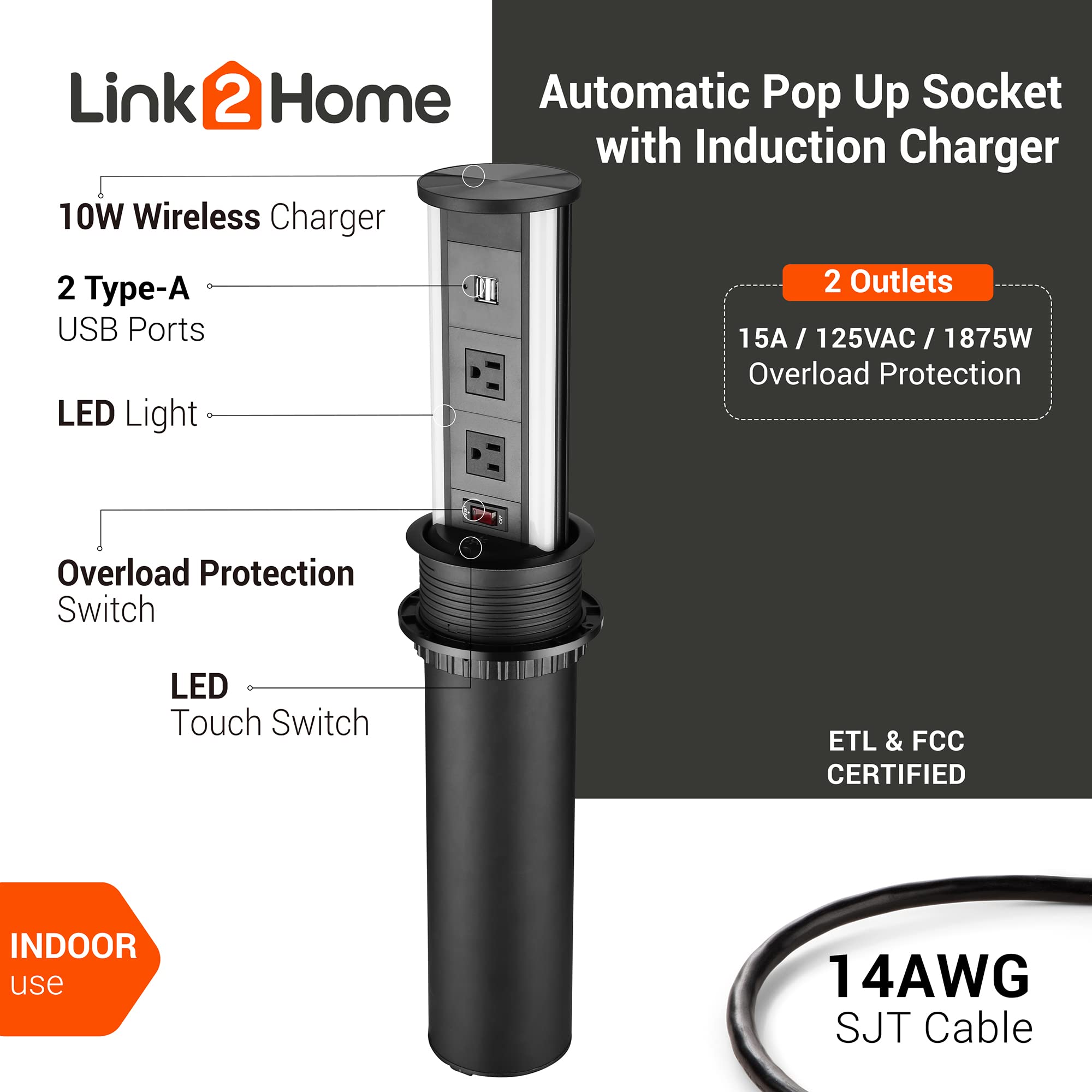 Link2Home Automatic Pop Up 10W Wireless Charging Station with 2 Power Outlets (15A) & 2 USB Ports (3.4A) - Splash Resistant, Black Anodized Finish - Perfect for Kitchen Counter, Office Desk, Workshop & Home Use
