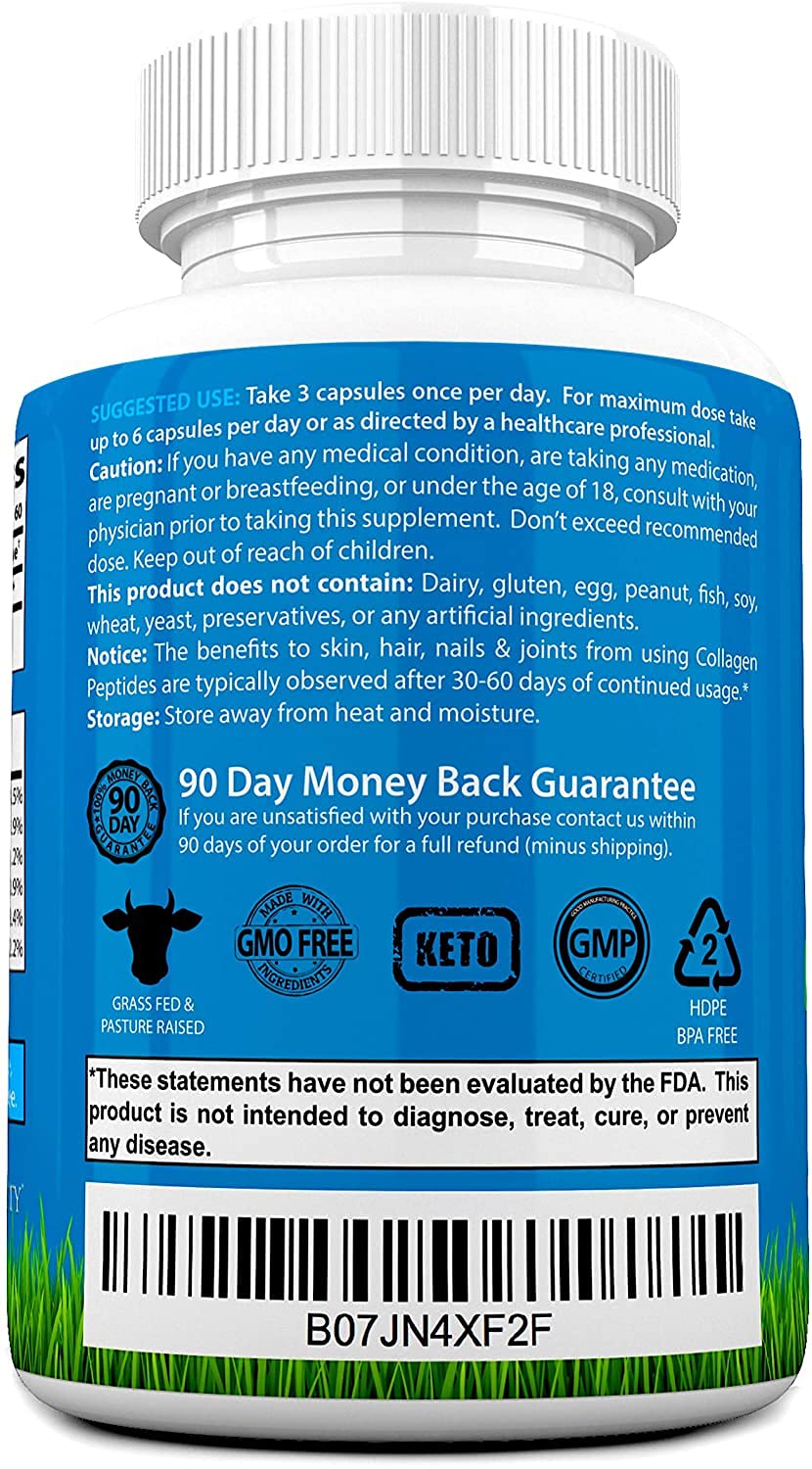 Grass-Fed Collagen Peptides Capsules - Hydrolyzed Protein Supplement for Skin, Hair & Nails - Non-GMO, Sugar Free Daily Pills for Men & Women (180 Caps) - Supports Joint Health & Beauty Routine