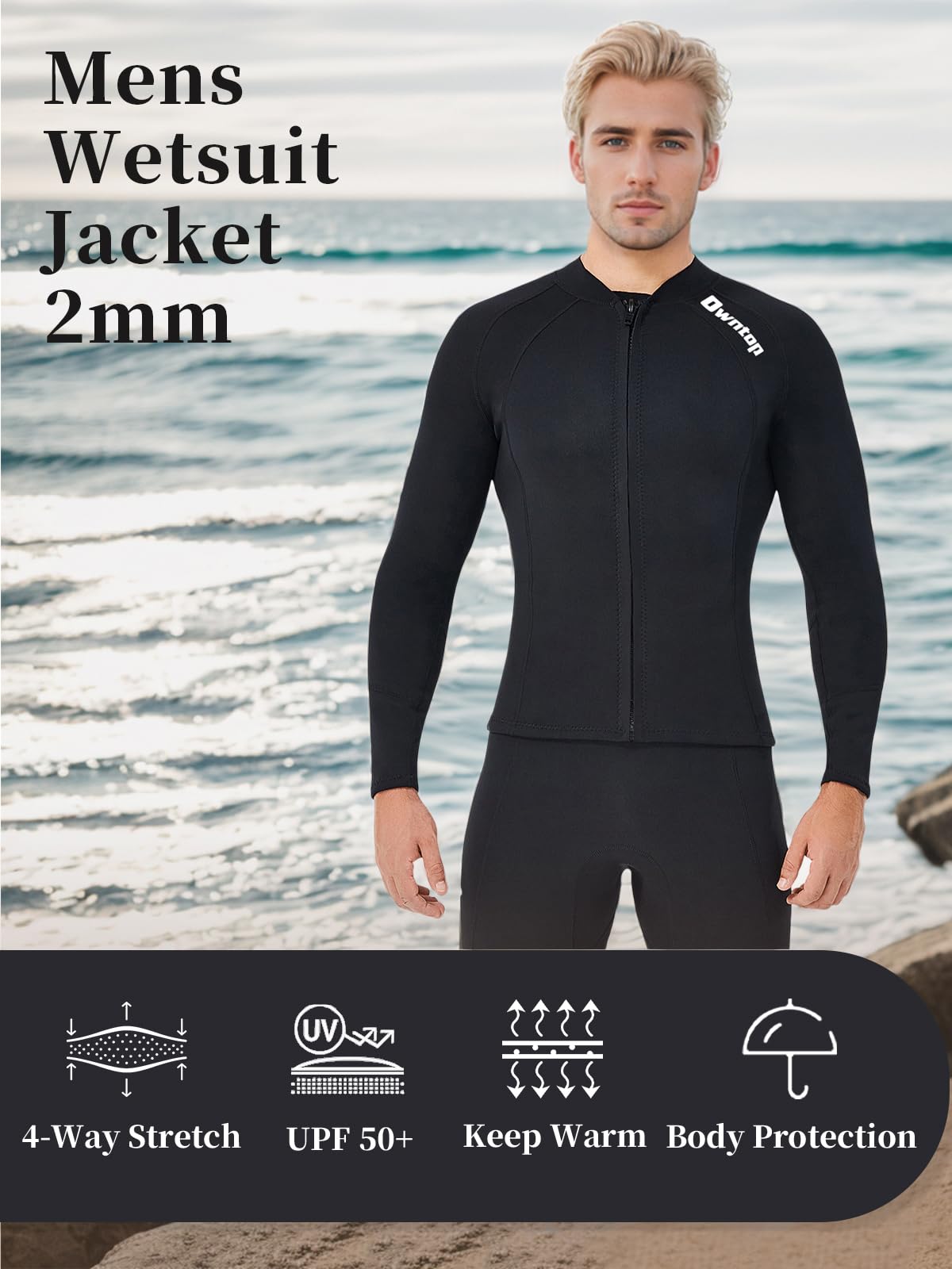 Owntop 2MM Neoprene Wetsuit Tops for Women & Men - Long Sleeve Front Zipper Swimwear for Swimming, Diving, Surfing & Water Sports | Flexible Comfortable Thermal Protection for Cold Water Activities