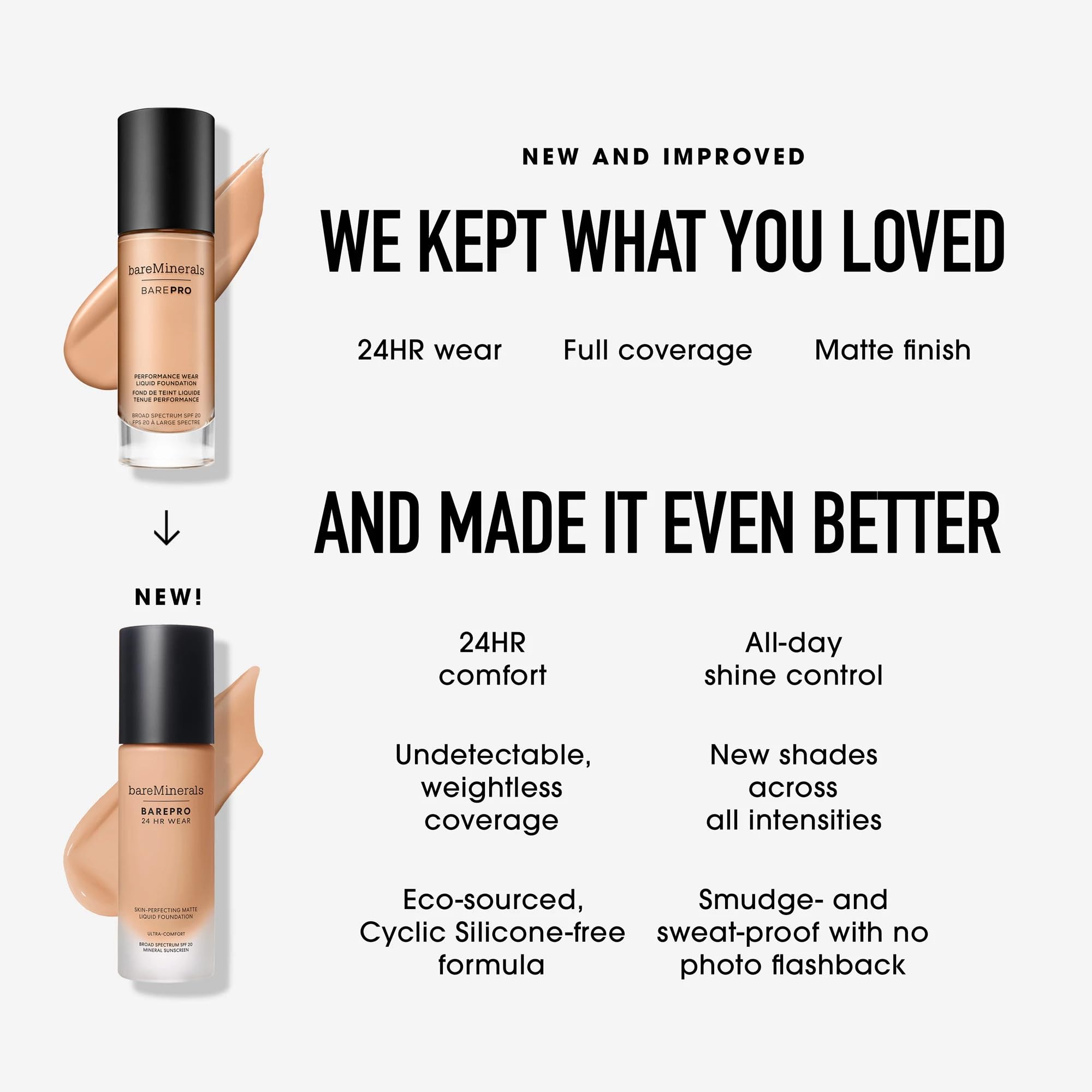 bareMinerals Barepro 24HR Wear Matte Liquid Foundation with SPF 20 | Full Coverage Mineral Makeup for Mature Skin | Oil-Free & Vegan Formula | Perfect for Daily Wear & Special Occasions