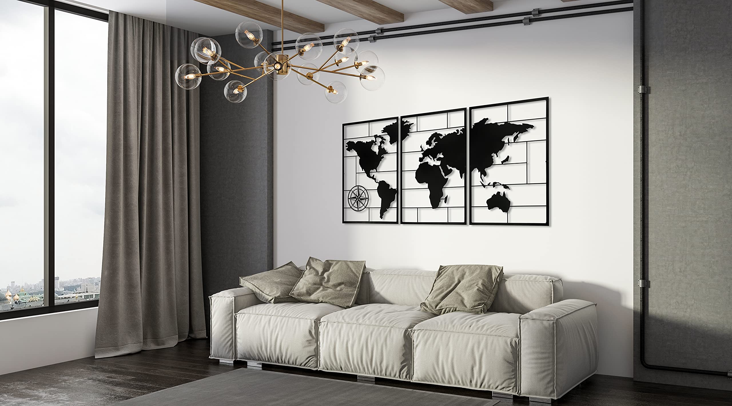Baupor 3-Piece Large Metal World Map Wall Art - Modern Rustic Home Decor for Living Room, Office, Cabin - Perfect Housewarming Gift (59'' x 29'') - Ideal for Travel Lovers & Geography Enthusiasts