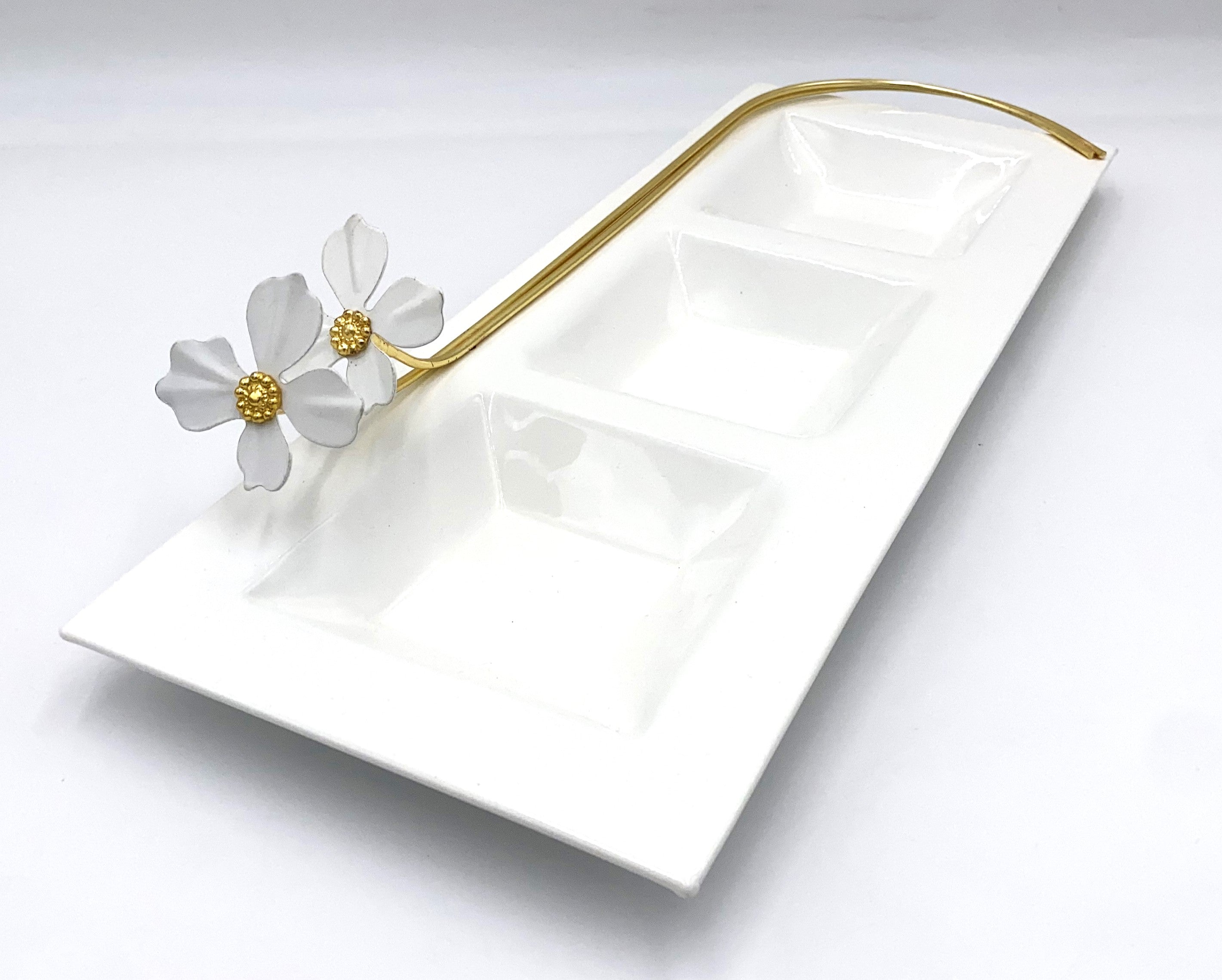 17x6.5 Inch 3-Section Nut Dish White and Gold - Elegant Serving Tray for Nuts, Candy, Snacks at Parties, Weddings, and Home Decor