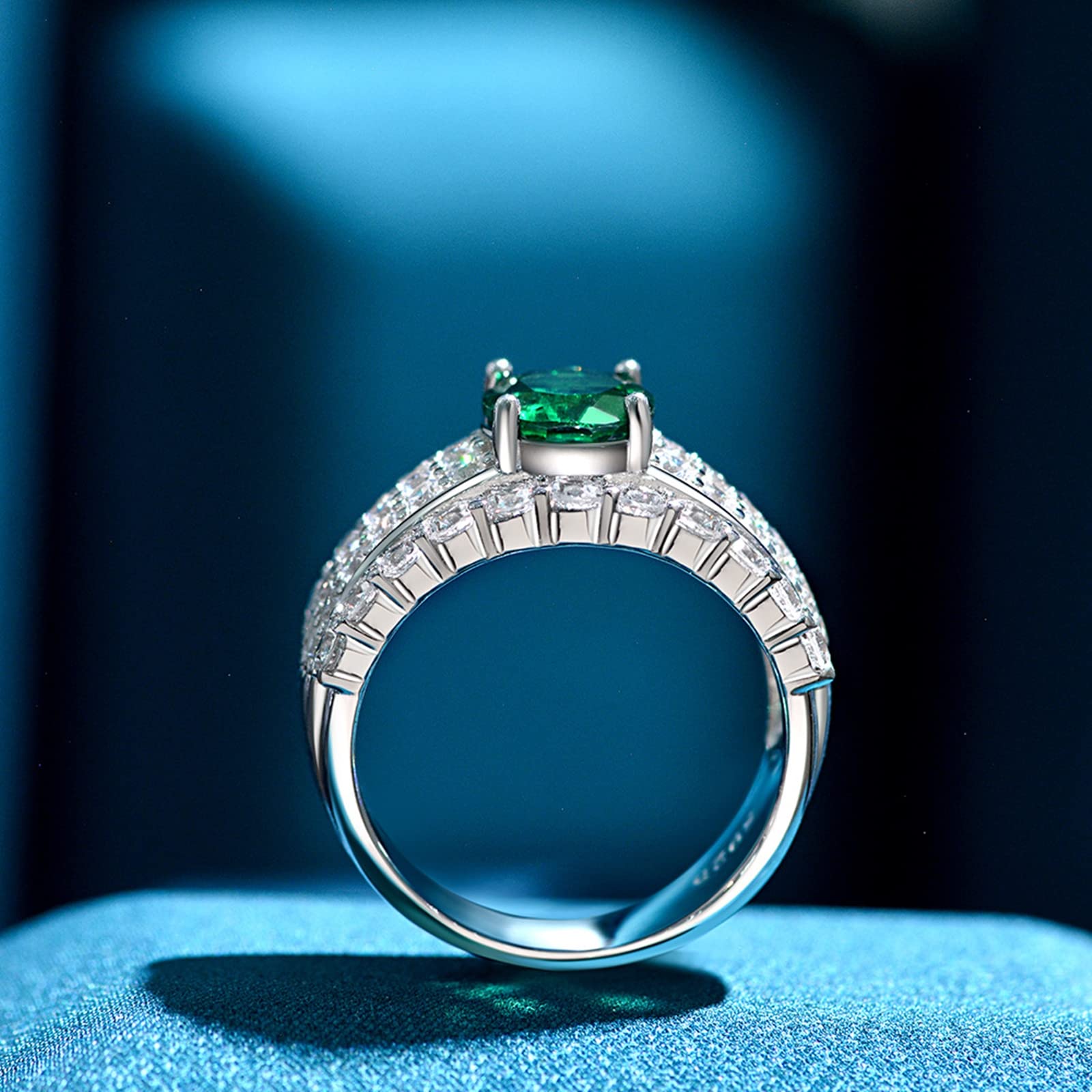 Gualiy 925 Sterling Silver Promise Ring for Women - 9x7mm Created Emerald & Cubic Zirconia Wedding Band, Comfort Fit, Size 5-9 | Perfect for Engagement, Anniversary, Valentine's Day Gift
