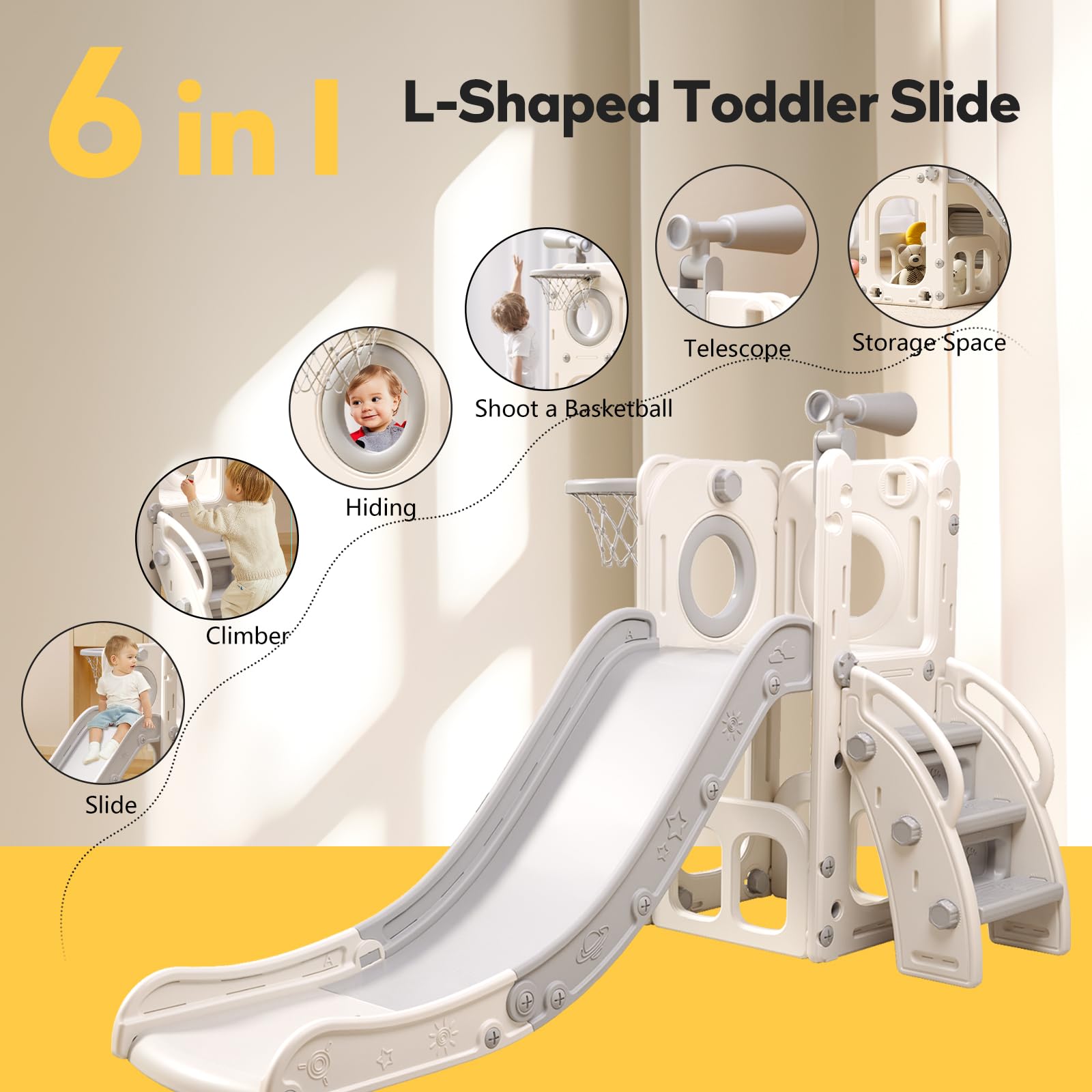 6-in-1 Multifunctional Toddler Playset with Slide, Basketball Hoop & Ring Toss - Indoor/Outdoor Kids Playground Toy for Ages 1-3 Years - Perfect for Backyard, Playroom & Preschool Activities (White & Grey)