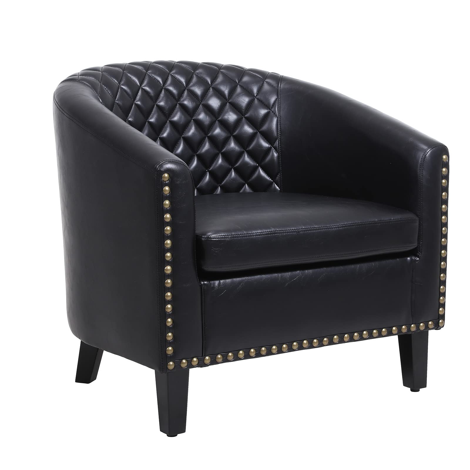 Modern PU Leather Club Chair - Upholstered Barrel Accent Living Room Armchair with Solid Wood Legs & Tufted Back - Comfy Reading Chair for Bedroom, Office or Lounge (Black) - Perfect for Relaxing, Reading & Small Space Decor