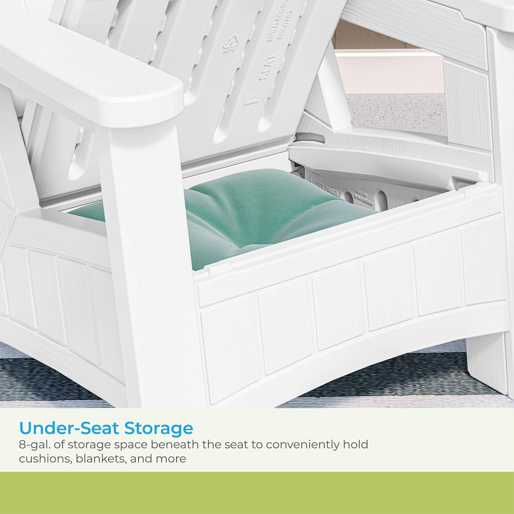 Suncast UV-Resistant White Adirondack Patio Chair with Built-in Seat Storage - Durable Outdoor Furniture for Backyard, Garden, Poolside & Deck Relaxation