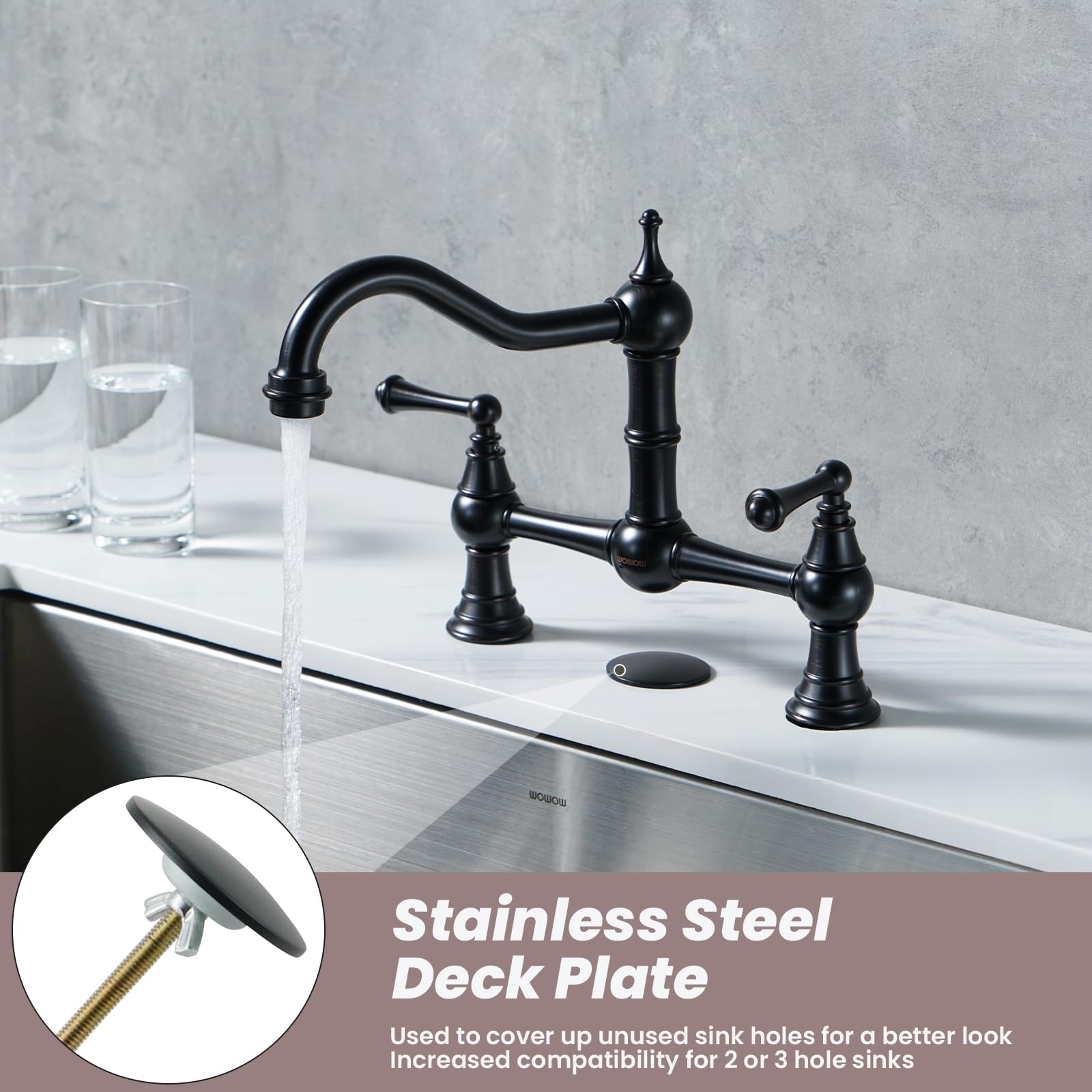 WOWOW Solid Brass Bridge Kitchen Faucet - Oil Rubbed Bronze Finish for 2 or 3 Hole Sinks | 8 Inch Centerset Victorian Farmhouse Design | Perfect for Rustic, Traditional & Modern Kitchens (Ideal for Cooking, Washing Dishes & Food Prep)