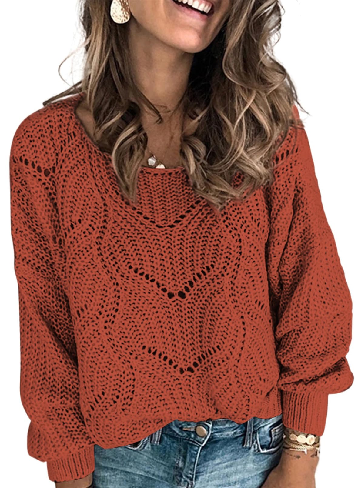 Dokotoo Women's Sweaters 2024 - Soft Crewneck Long Sleeve Cable Knit Pullover Tops for Women | Elegant Hollow Knit Design | Perfect for Fall Winter Fashion, Office Wear & Casual Outfits