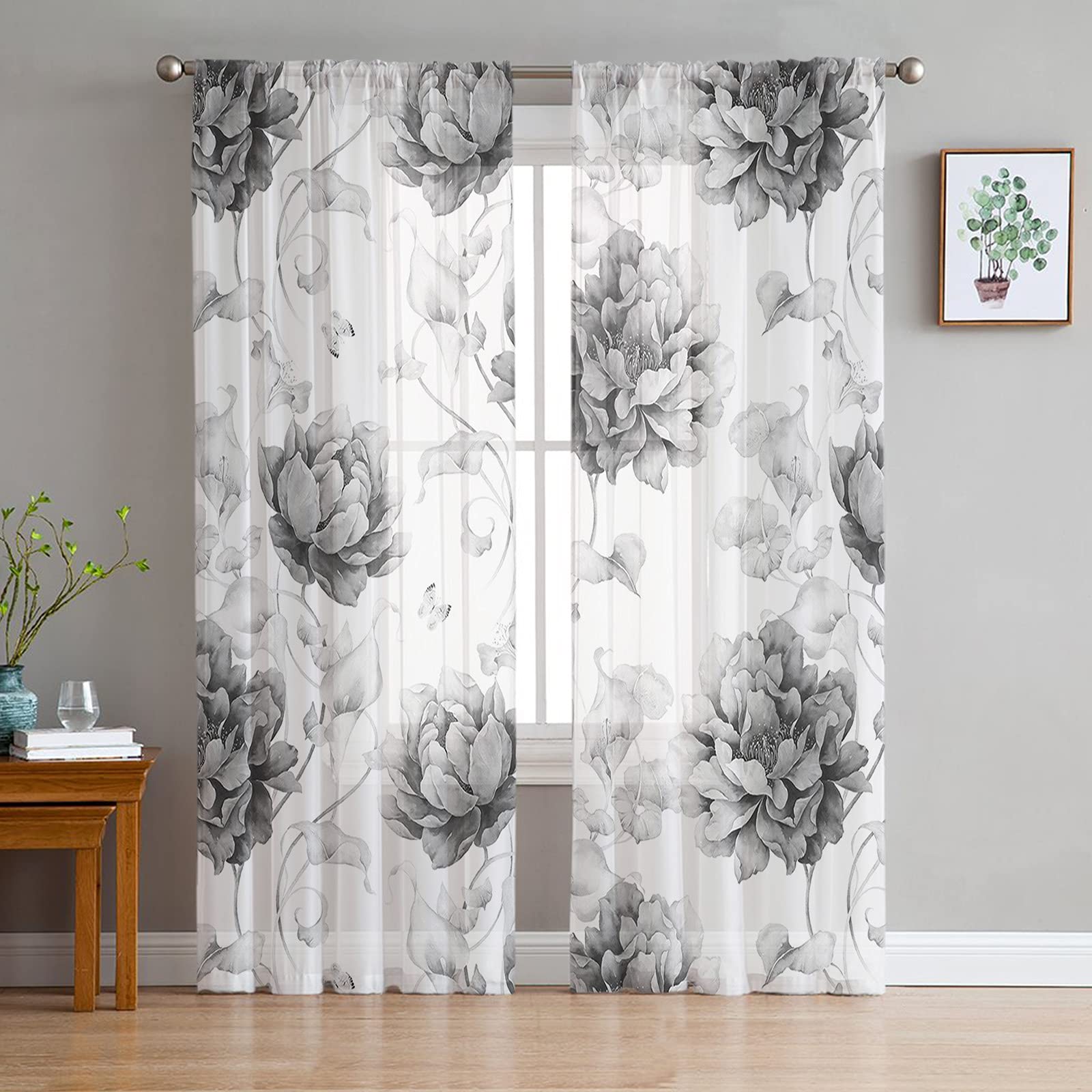 Sheer Voile Curtains 96 Inches Long - 2 Panels Black White Peony Floral Print - Light Filtering Rod Pocket Drapes for Living Room, Bedroom, Kitchen - 52x96 Inches (Set of 2) - Elegant Chiffon Window Treatments for Home Decor