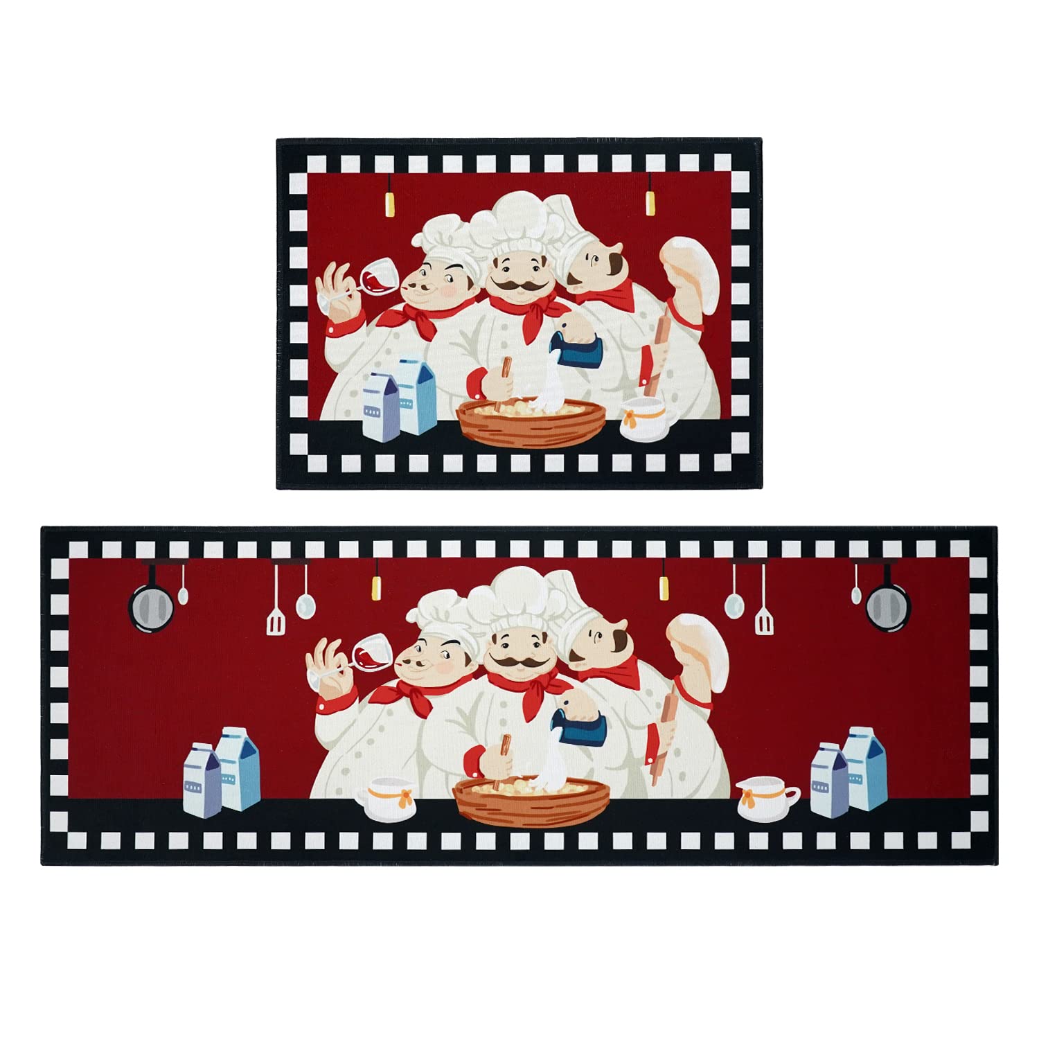 Fuoxowk Vintage Red Kitchen Rugs Set - Washable Non-Slip Chef Rugs with Rubber Backing for Kitchen Sink, Laundry Room & Standing Desk | Rustic Retro Runner Mats for Home Decor & Comfortable Floor Protection