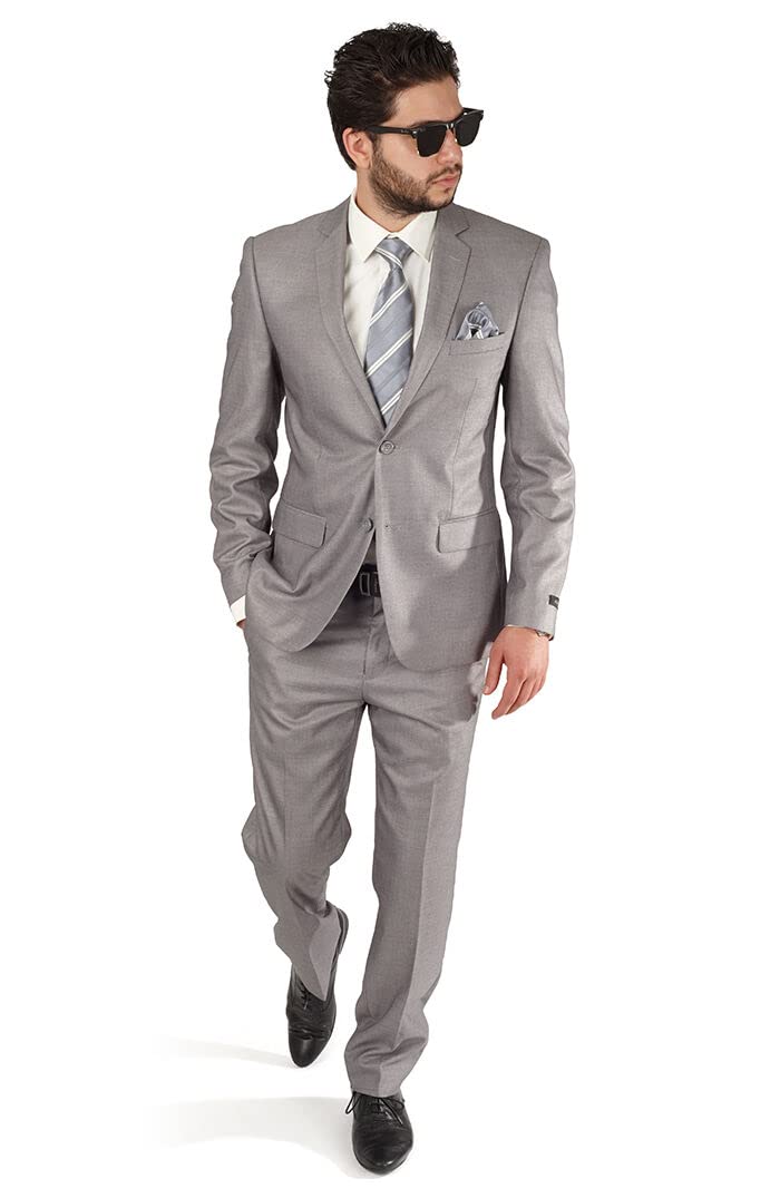AZAR MAN Slim Fit Men's Silver Grey 2 Button Notch Lapel Suit - Formal Business Attire for Weddings, Interviews & Office Wear