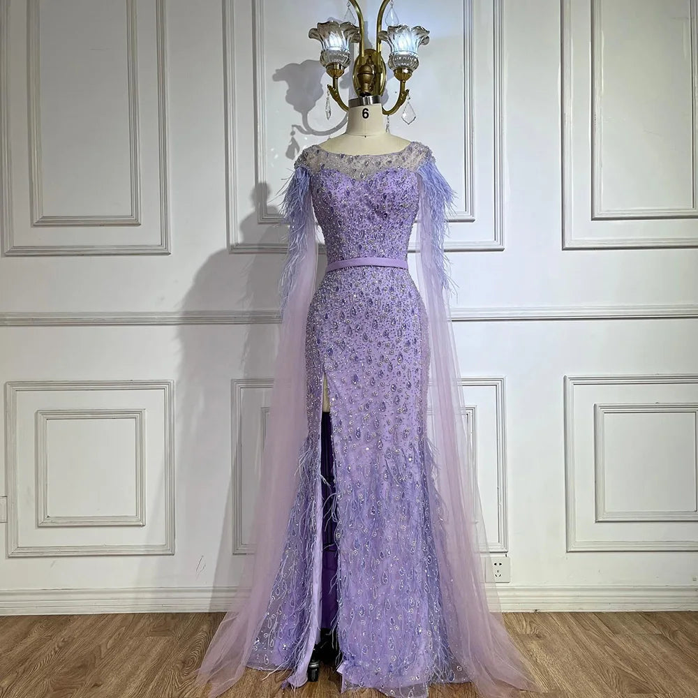 Serene Hill Pink Cape Sleeves Dubai Evening Gown - Mermaid Beaded Feather Dress for Women's Party & Special Occasions | Elegant Formal Wear for Weddings, Galas & Red Carpet Events