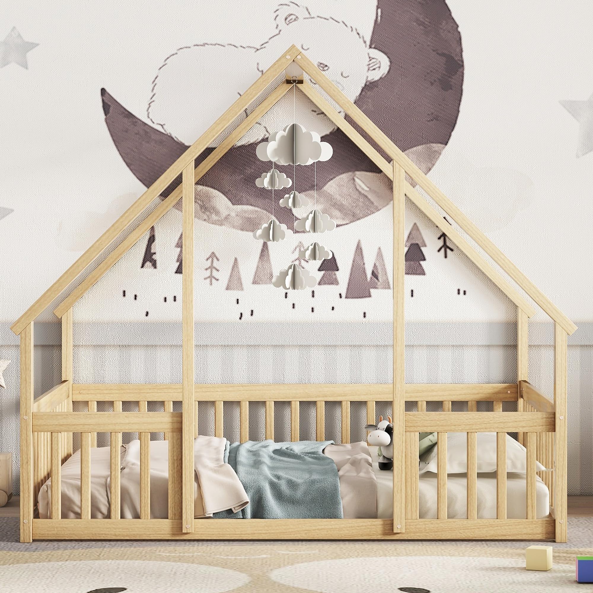 Bellemave Full Size Wooden House Floor Bed for Kids - Montessori Style Playhouse Bed with Safety Fence for Boys & Girls - Natural Wood Toddler Bed for Bedroom, Playroom or Nursery