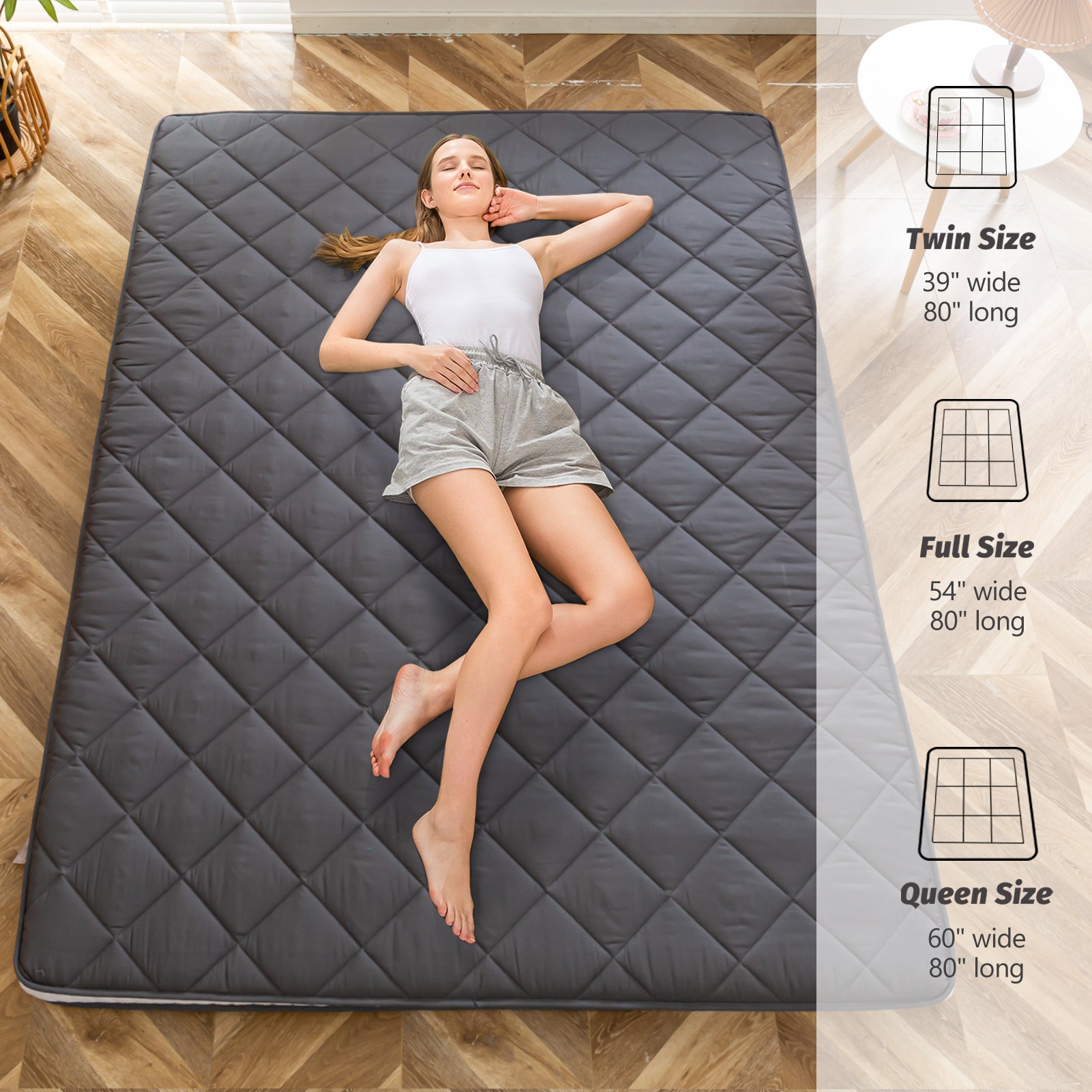 MAXYOYO Diamond Patterned Padded Japanese Futon Bed - Extra Thick Floor Mattress & Quilted Mattress Topper in Dark Grey | Perfect for Guest Beds, Small Spaces & Minimalist Home Decor