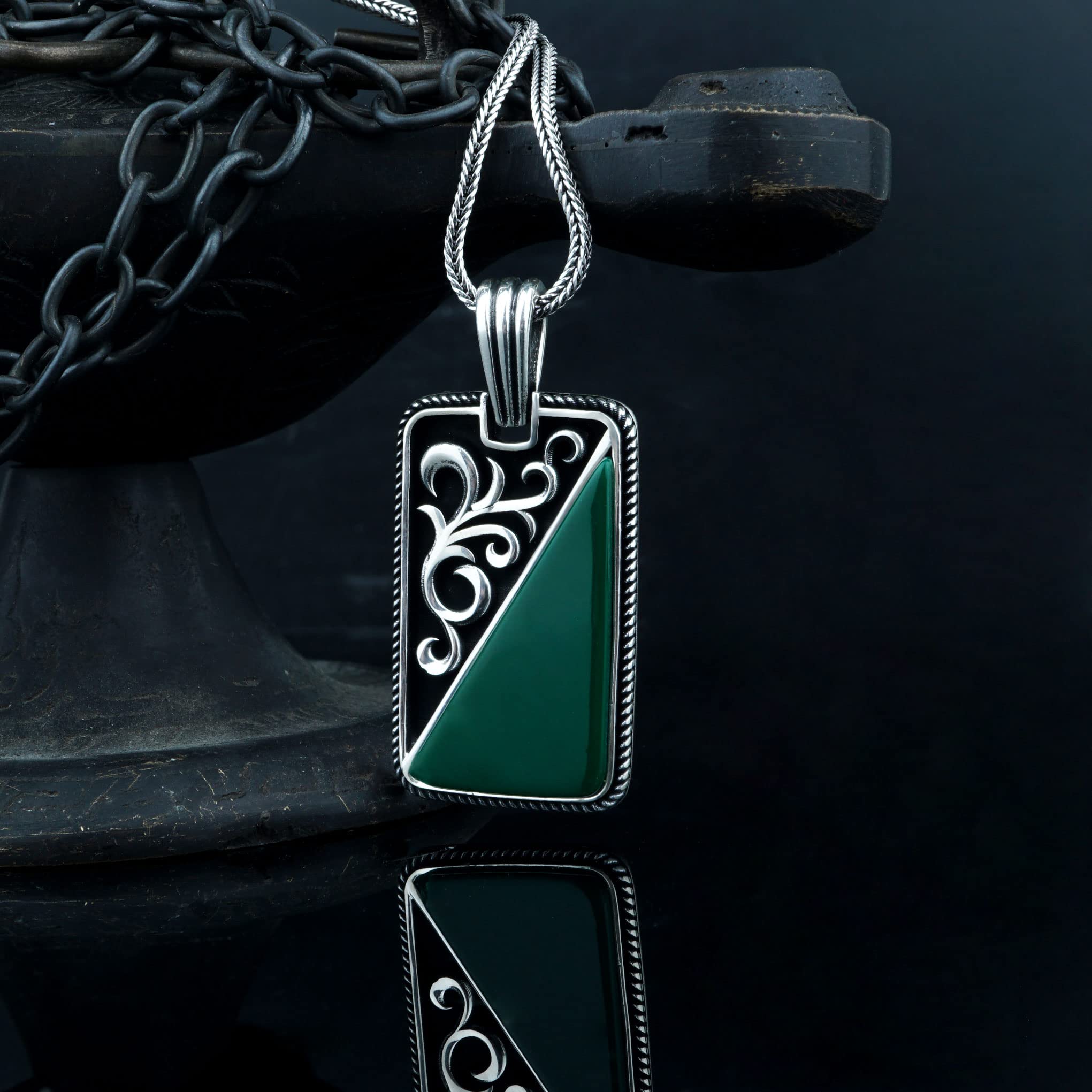 Men's Sterling Silver Necklace with Rectangle Pendant - Green Agate Silver Relief Jewelry for Him | Perfect Gift for Birthday, Anniversary & Special Occasions