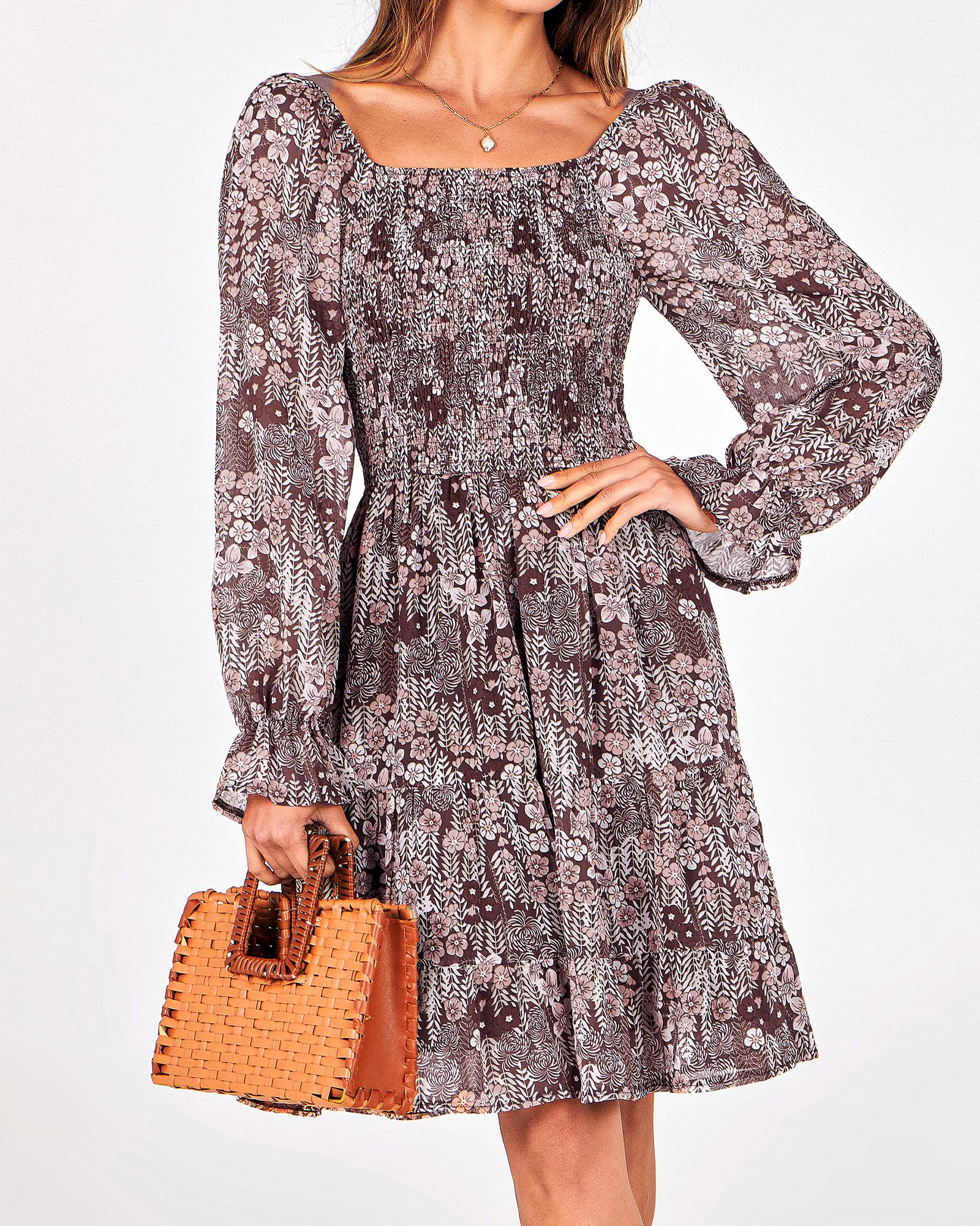 BTFBM Women's Floral Swiss Dot Boho Dress - Square Neck Smocked Mini Dress with Long Sleeves for Spring & Summer 2025 | Perfect for Wedding Guest, Garden Party & Casual Outings