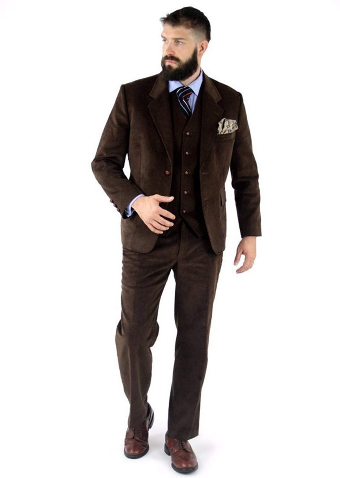 Men's Classic Corduroy 3-Piece Suit Set - Tuxedo Jacket, Vest & Pants for Prom, Wedding & Formal Events (Brown/Chocolate) - Perfect for Parties, Dances & Special Occasions