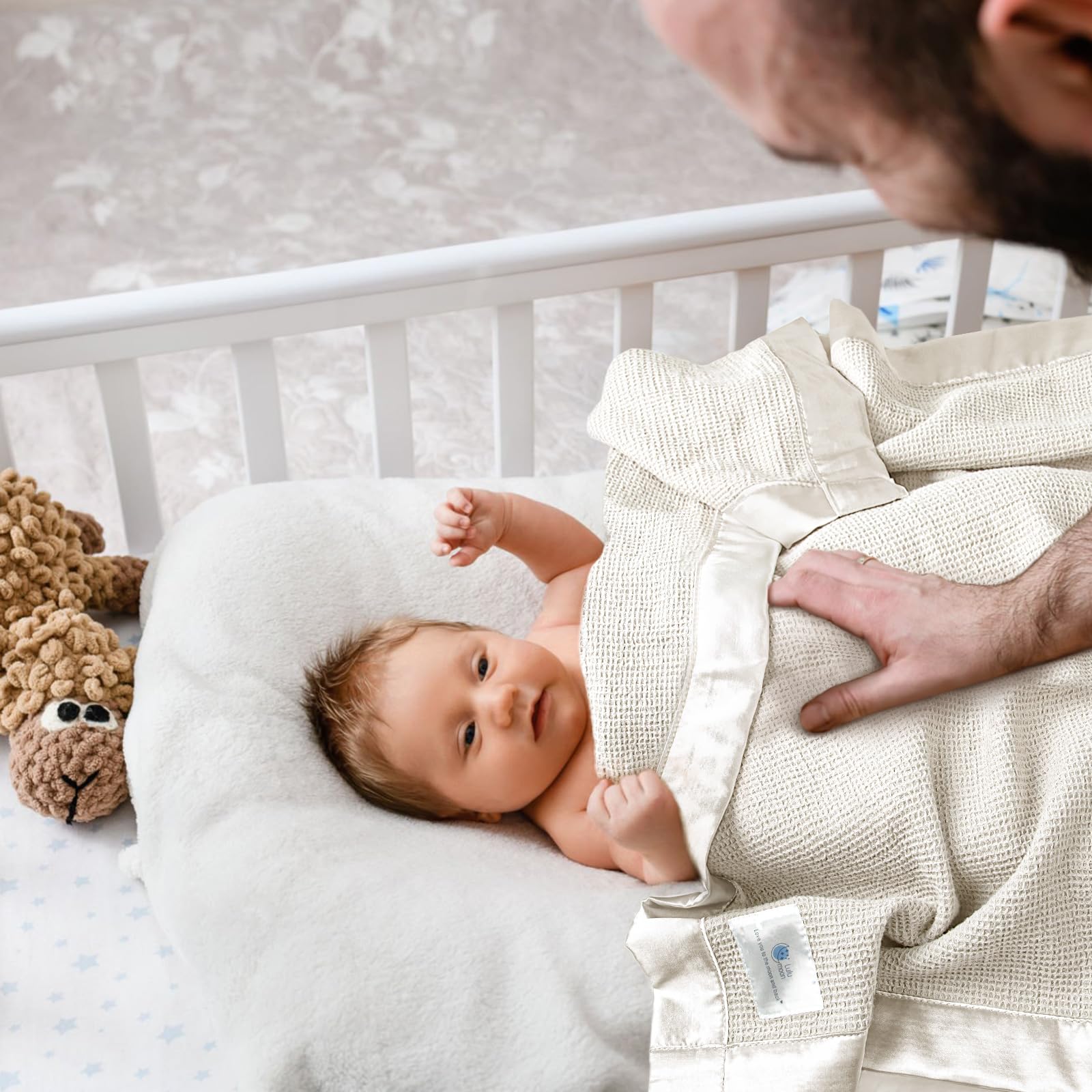 Soft Cotton Waffle Baby Swaddle Blanket with Satin Trim - Breathable Nursing Cover & Crib Blanket for Newborns & Toddlers - Perfect for Naptime, Swaddling & Baby Shower Gifts (Cream)