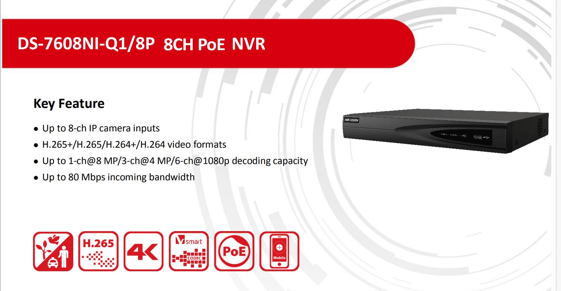 Hikvision DS-7608NI-Q1/8P 8CH 4K NVR with Built-in PoE Ports - 8MP Network Video Recorder for IP Cameras, H.265+, 1xSATA, Hik-Connect APP Compatible (2TB HDD Included) - Ideal for Home Security & Business Surveillance Systems