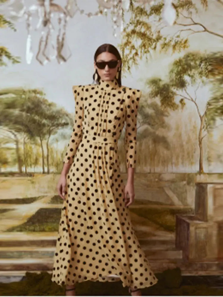 Elegant Polka Dot Printed Women's Slit Maxi Dress - Chic Mock Neck Shoulder Pads Backless Robe - Spring Summer Beach Party Wedding Guest Dress Fashion Vestidos