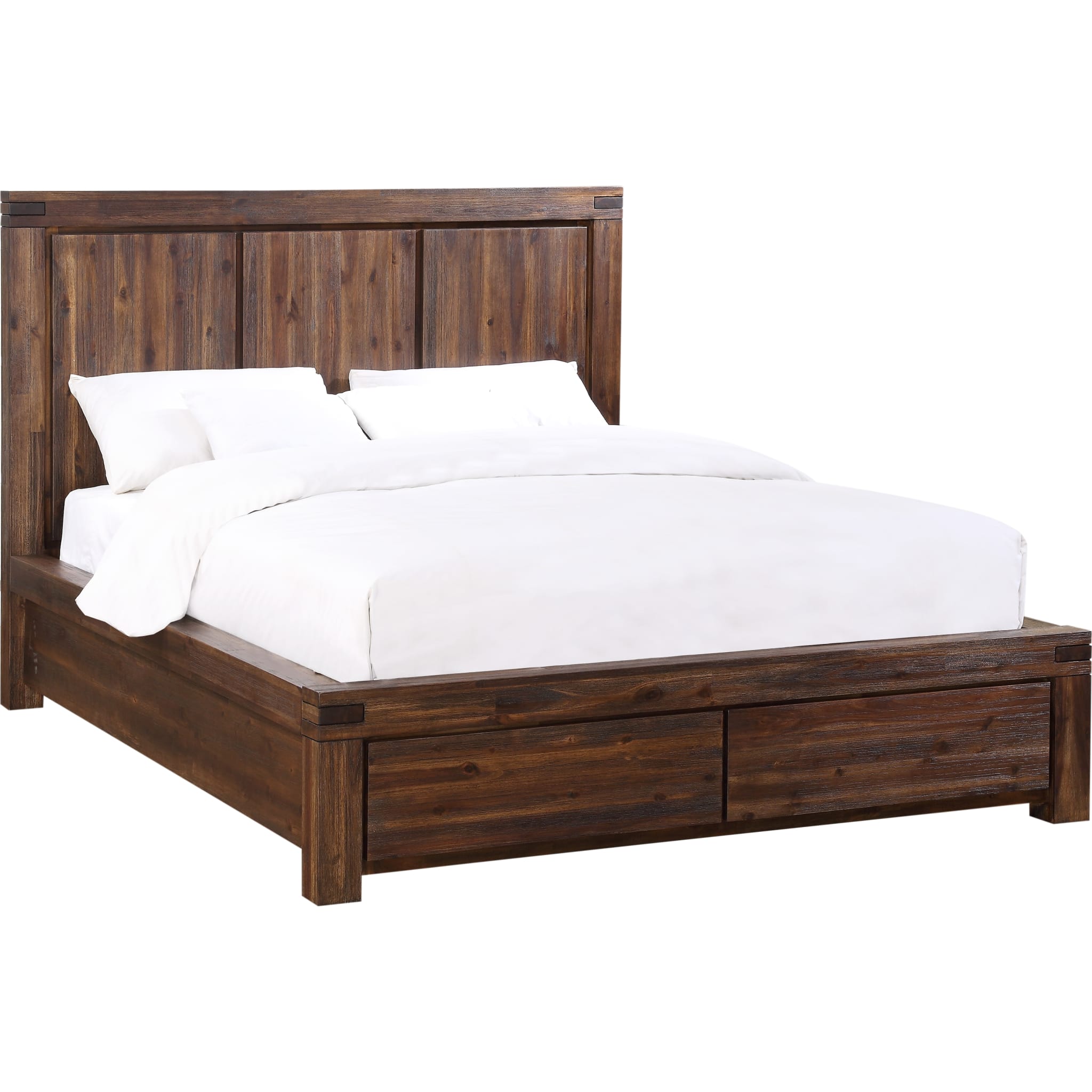 Solid Wood Footboard Storage Bed in Brick Brown - Queen Size, Rustic Farmhouse Bed Frame with Underbed Drawers for Bedroom Organization & Space Saving