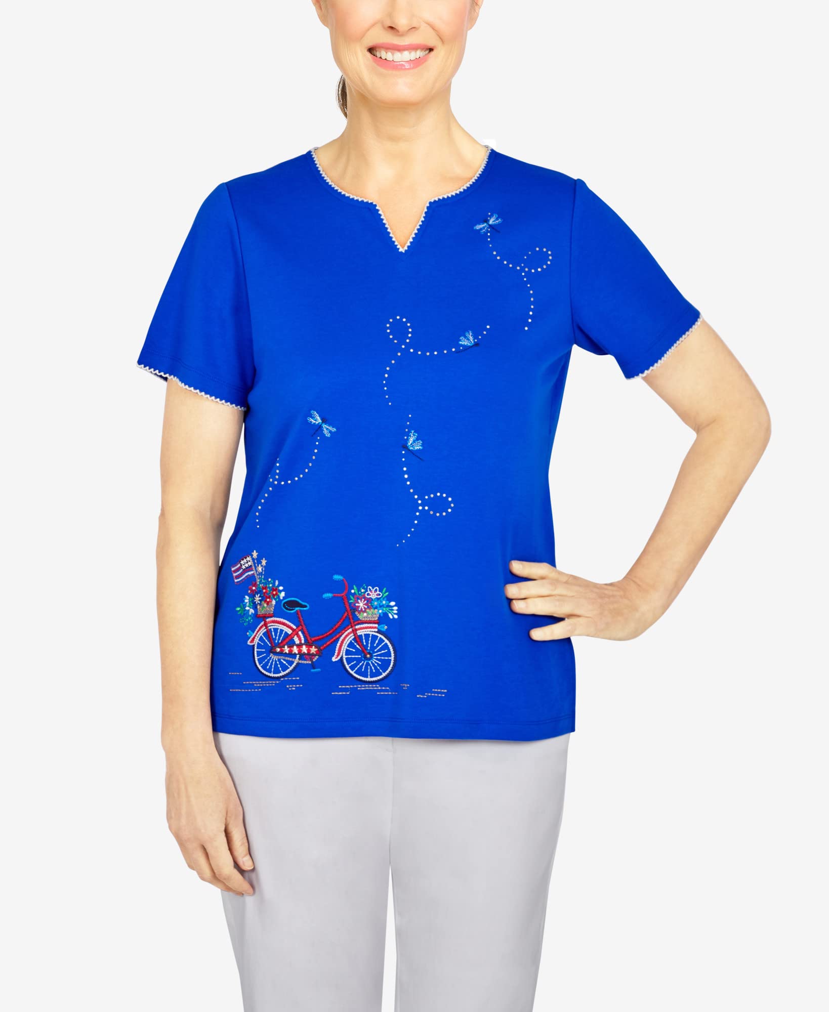 Alfred Dunner Women's Petite Embroidered Knit Bike Top - Comfortable Casual Blouse for Cycling & Outdoor Activities