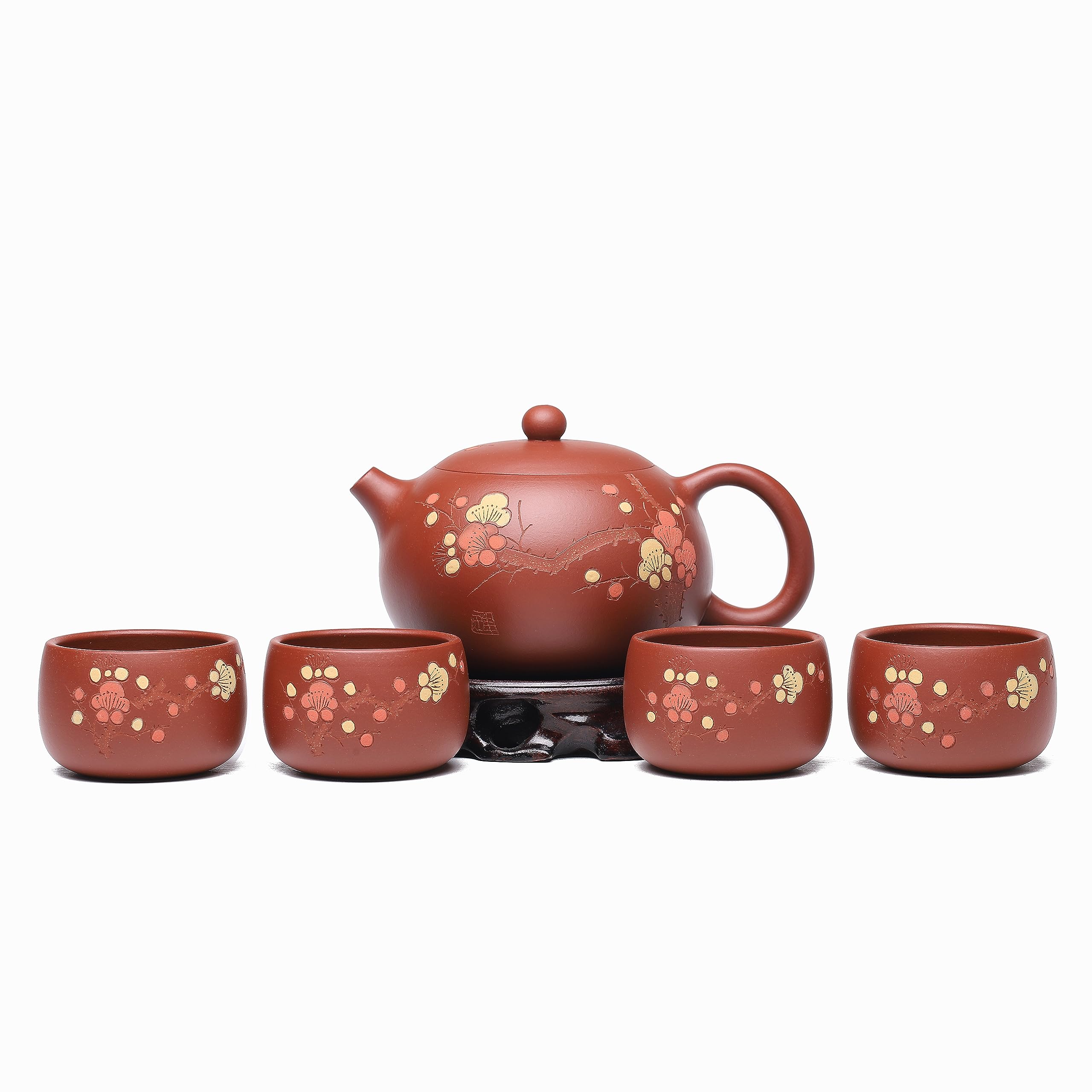 Handmade Yixing Zisha Teapot Set - 11.3oz Authentic Zhuni Red Clay Xishi Teapot with 4 Cups | Chinese Gongfu Tea Ceremony, Home Tea Brewing, Gift for Tea Lovers