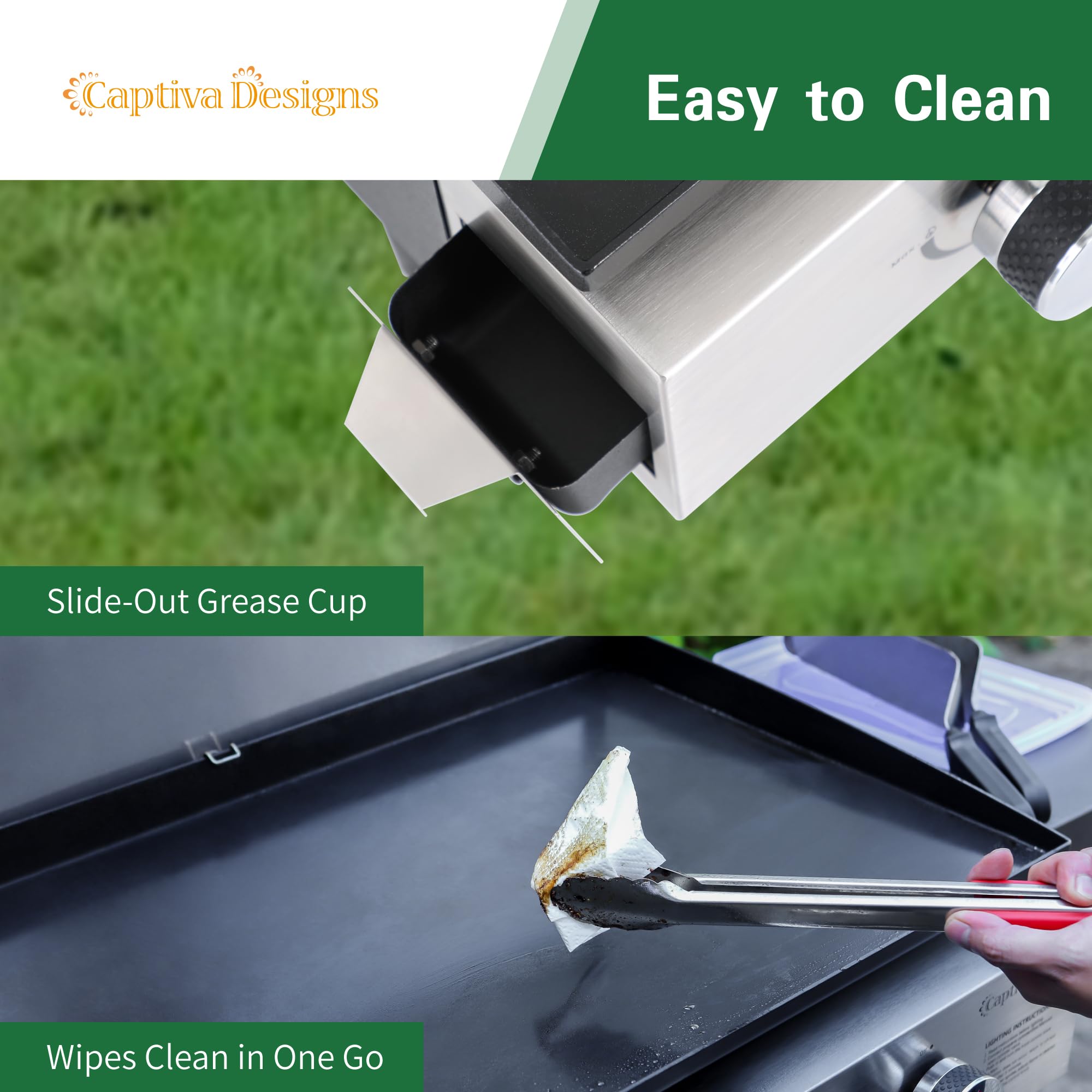 Captiva Designs 22 Inch Flat Top Grill with Ceramic Coated Cast Iron Pan - Portable Tabletop Propane Gas Griddle for Camping, Tailgating, Backyard BBQ & Outdoor Cooking - 24,000 BTU 3-Burner Gas Grill for Patio, Picnics & RV Trips