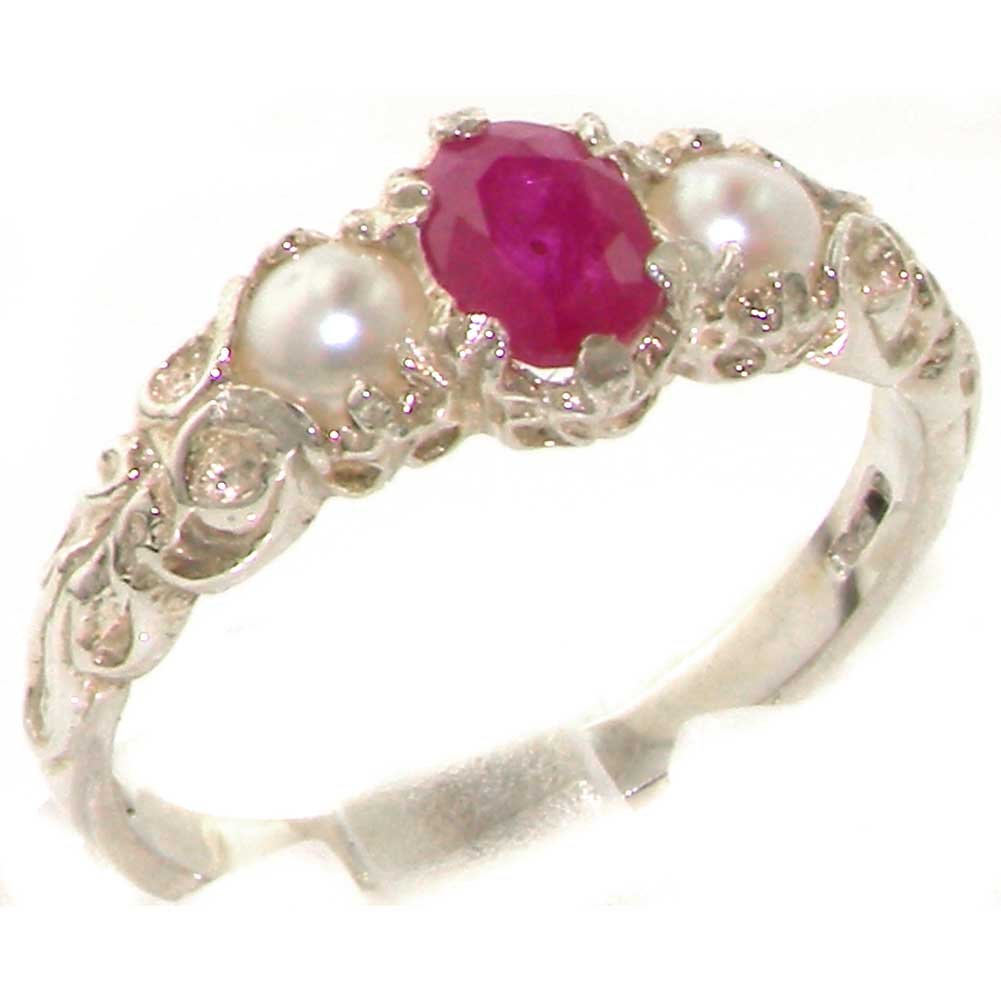 10K White Gold Genuine Ruby & Cultured Pearl Women's Band Ring - Elegant Jewelry for Weddings, Anniversaries & Special Occasions