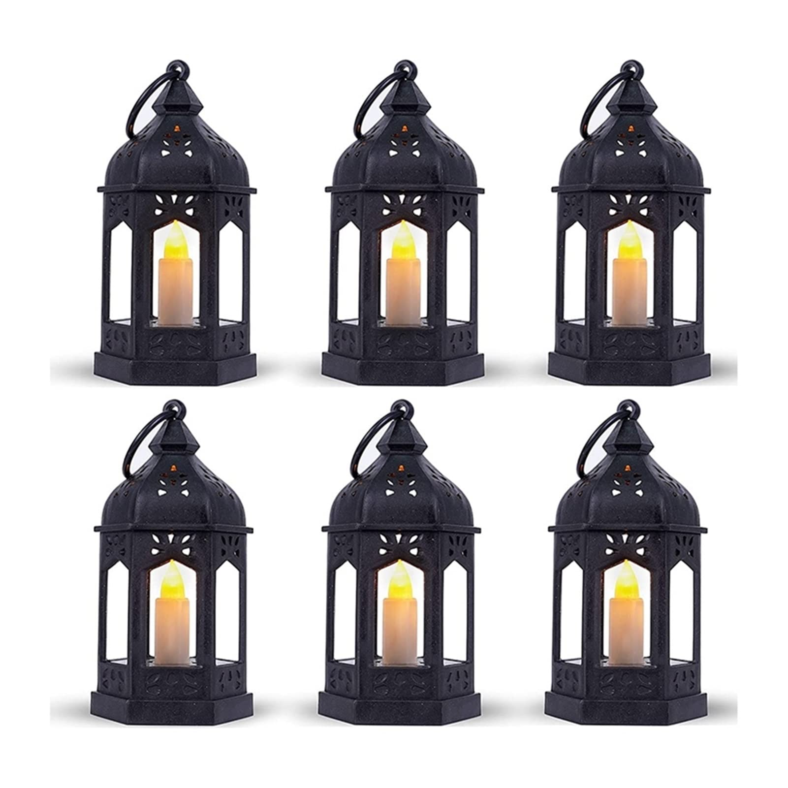Vintage Black LED Candle Lanterns Set of 6 - Christmas & Wedding Decorations, Hanging Metal Lanterns with Battery Operated Candles for Home, Party, Garden, Fireplace Mantel Decor