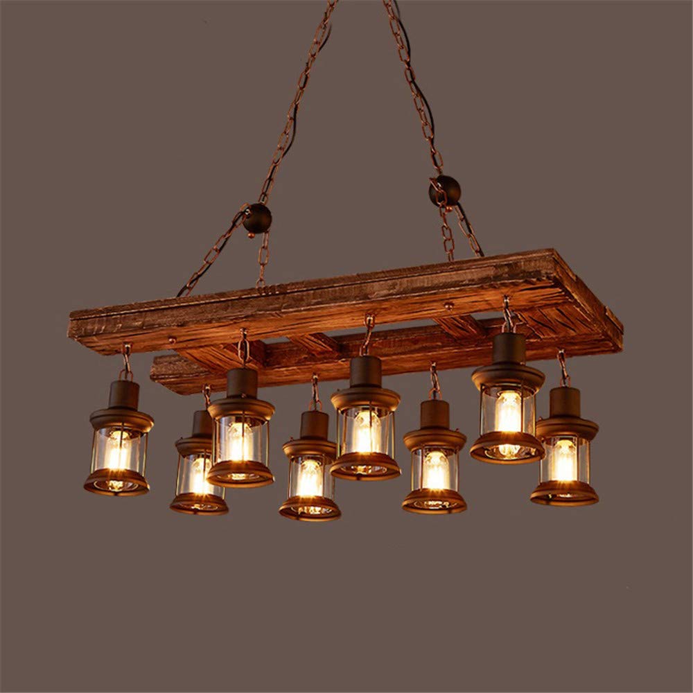 Vintage Industrial Wooden Pendant Light - 8-Light Retro Loft Chandelier with Metal Frame for Restaurant, Cafe & Home Kitchen Island Lighting - Perfect for Coffee Shops, Dining Rooms & Farmhouse Decor