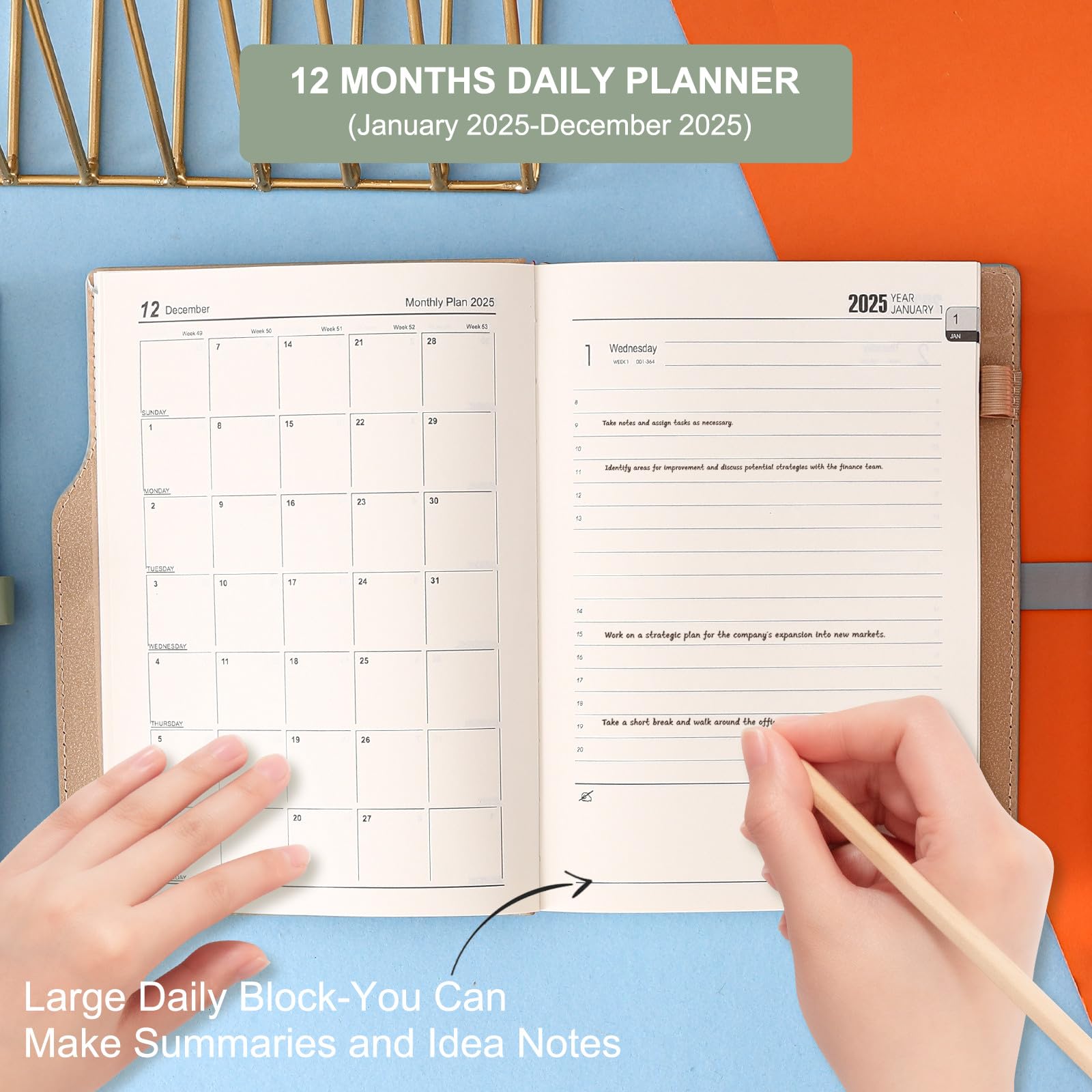 2025 Academic Planner - A5 Day-to-Page Diary with Calendar Stickers, Pen Holder & Premium Thicker Paper (14x21.5cm, Blue) - Perfect for Students, Professionals & Daily Organization