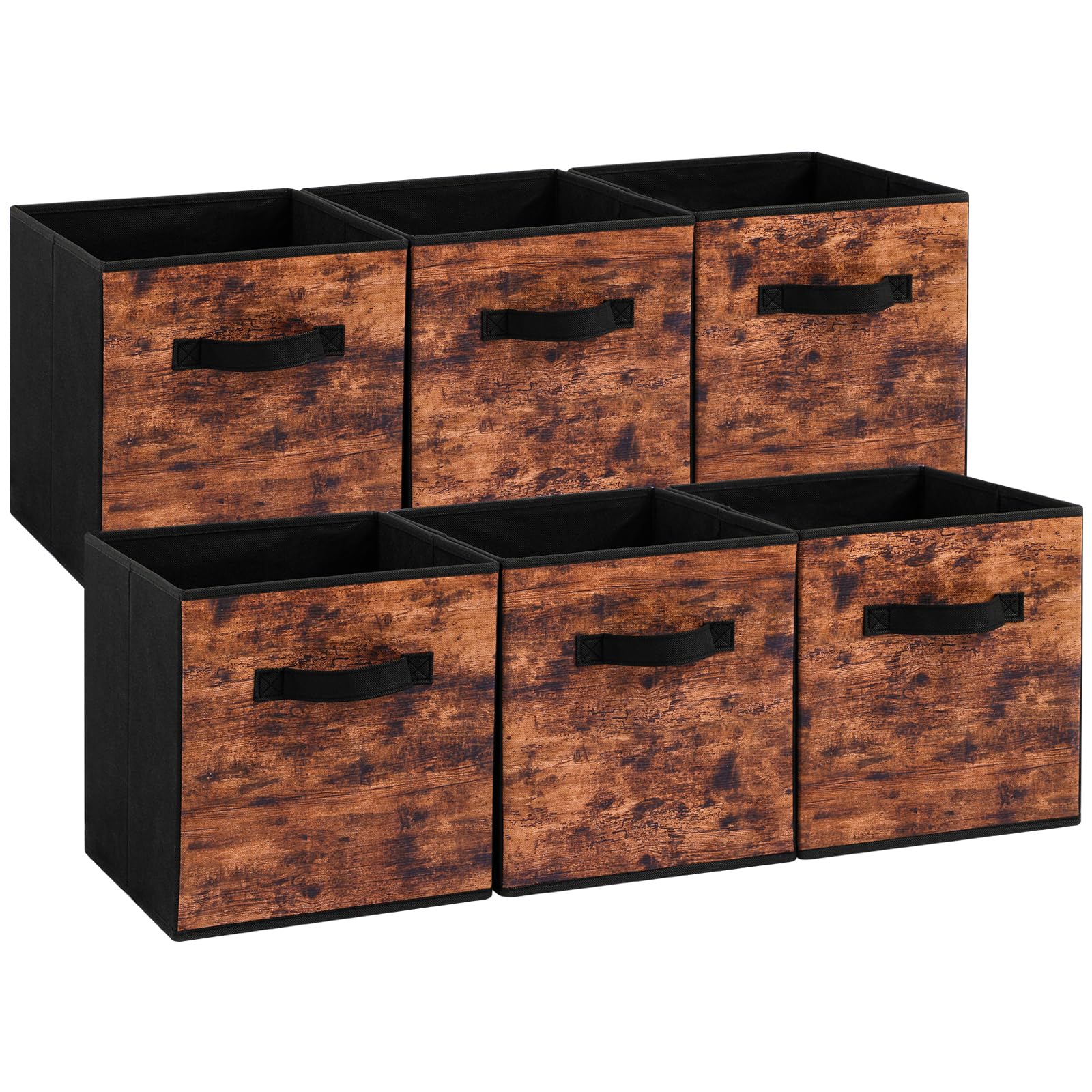 Stereo Fabric Storage Cubes, 6-Pack Foldable Closet Organizer Bins with Handles - 11 Inch Decorative Storage Baskets for Shelves, Bedroom, Nursery & Office - Rustic Brown & Black - Perfect for Home Organization & Small Space Storage