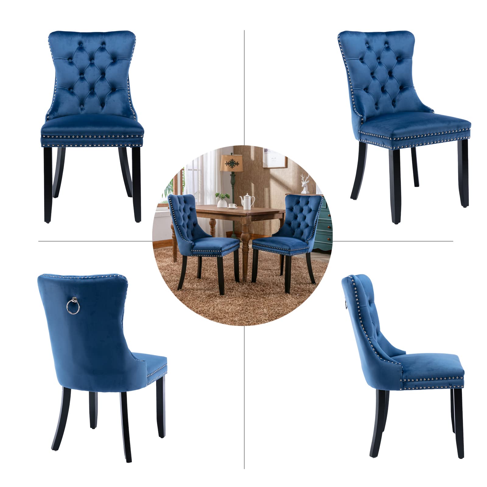 Luxury Velvet Dining Chairs Set of 4 - Upholstered Tufted Wingback Kitchen Chairs with Solid Wood Legs & Gold Ring Pull Trim - Elegant Blue Accent Chairs for Dining Room, Living Room, Kitchen | Perfect for Formal Dinners, Family Gatherings & Home Decor