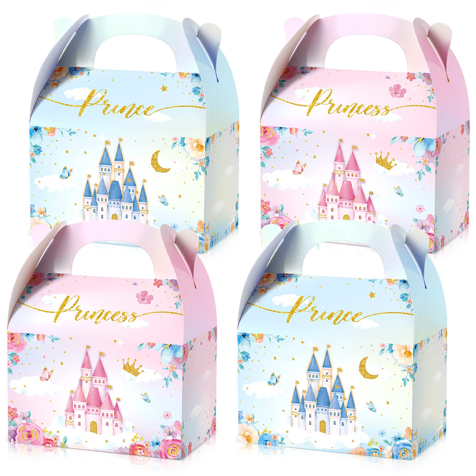 Nezyo Princess and Prince Treat Boxes - Pink & Blue Crown Cardboard Goodie Boxes for Kids Birthday Party Favors (12 Pcs) - Perfect for Royal Themed Birthday Parties, Baby Showers, and Gender Reveal Events
