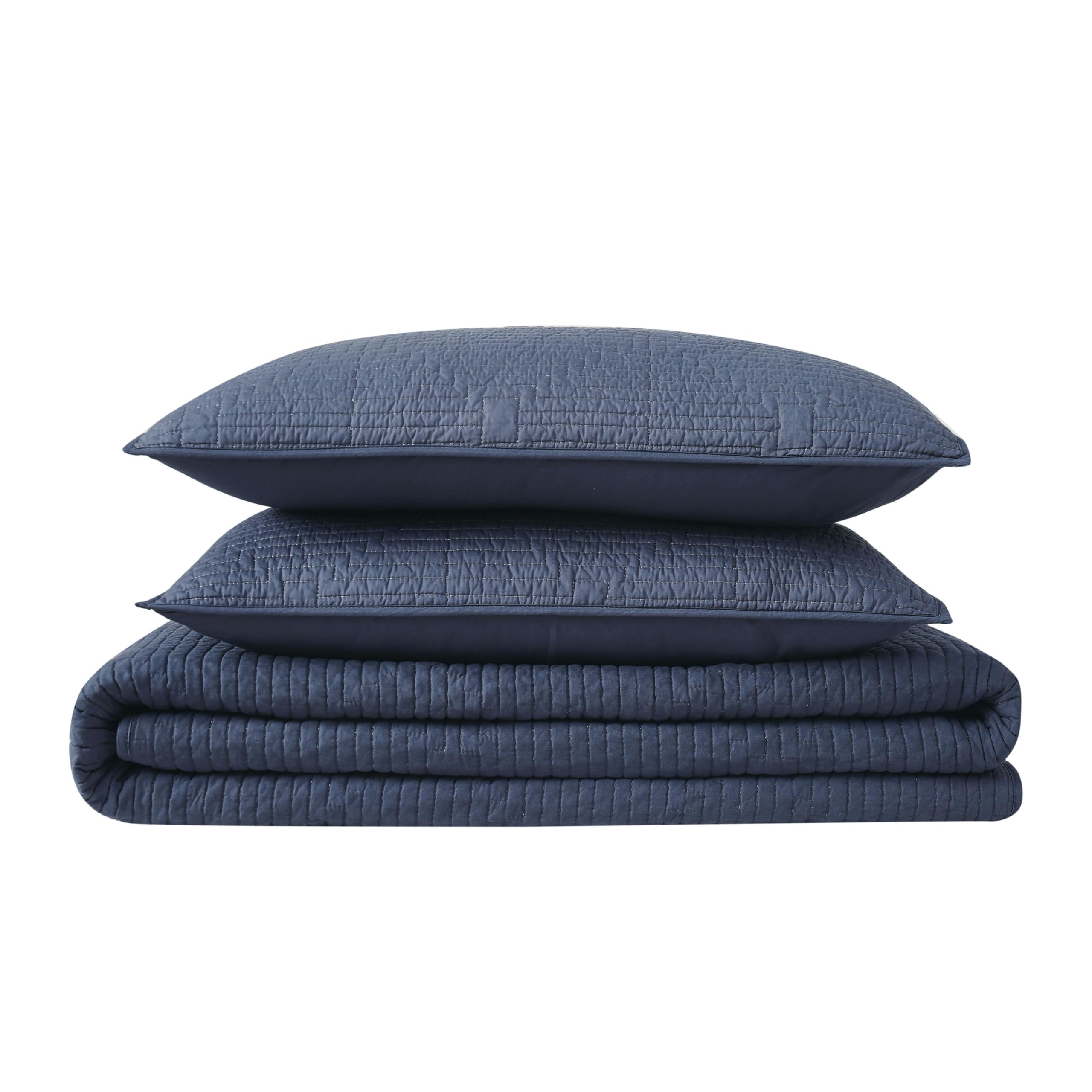 FRYE Ray Pick Stitch Embroidered Blue 3-Piece Full/Queen Quilt Set - Luxury Bedding for Cozy Bedrooms & Guest Rooms