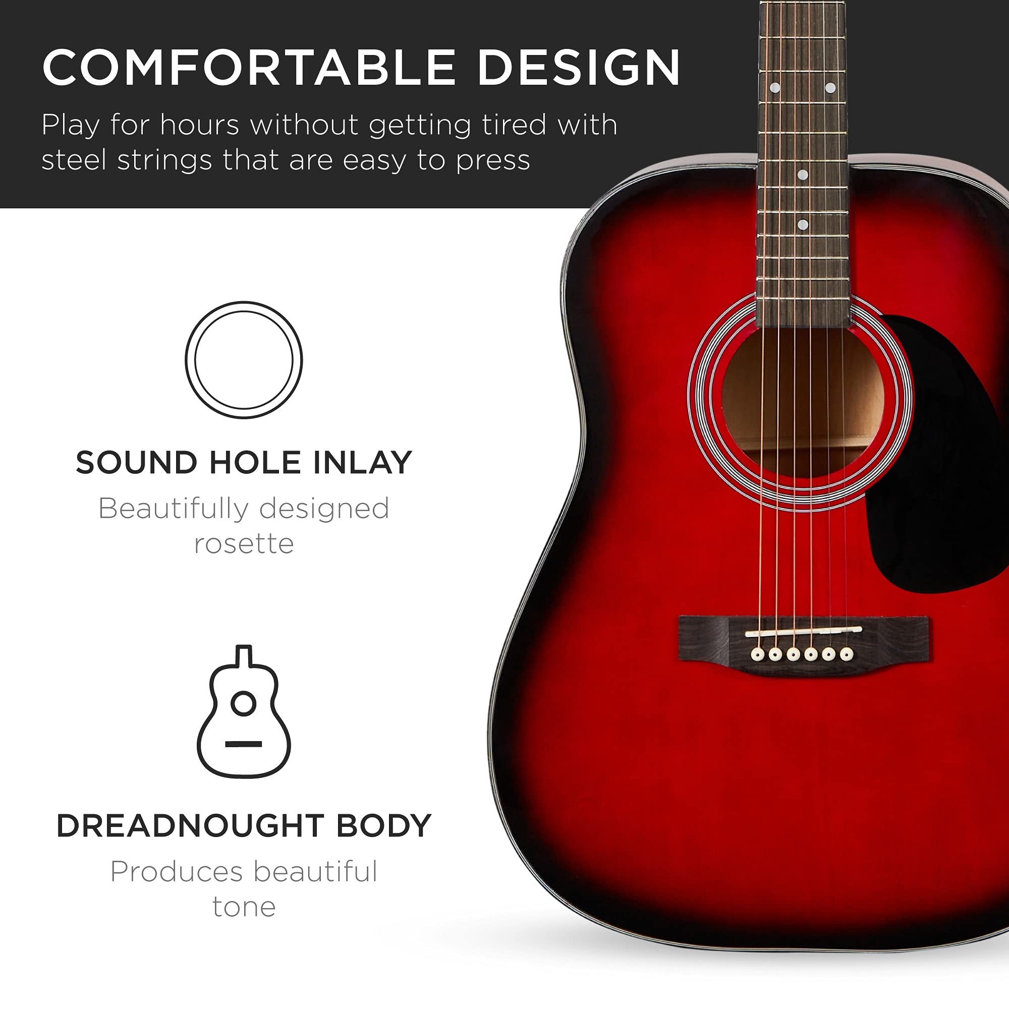 Best Choice Products 41in Full Size All Wood Acoustic Guitar Starter Set with Gig Bag, Strap, Capo, Strings & Picks - Red Burst | Perfect for Beginners, Practice, Performances & Gifts