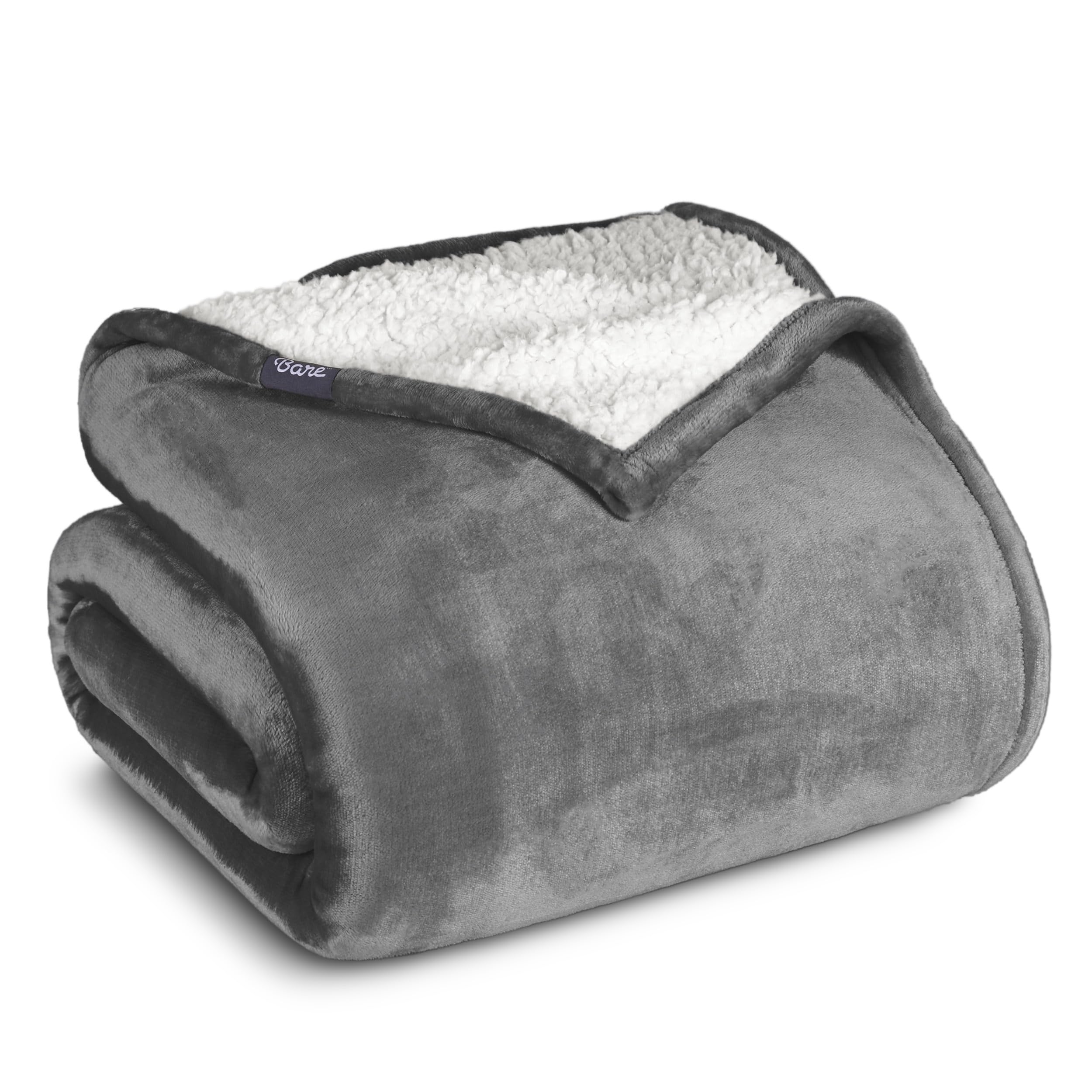 Bare Home Sherpa Fleece Blanket - Ultra Soft Reversible King Size Blanket for Bed, Couch & Travel - Warm Lightweight Plush Throw - Grey - Perfect for Cozy Nights, Movie Time & Camping Trips
