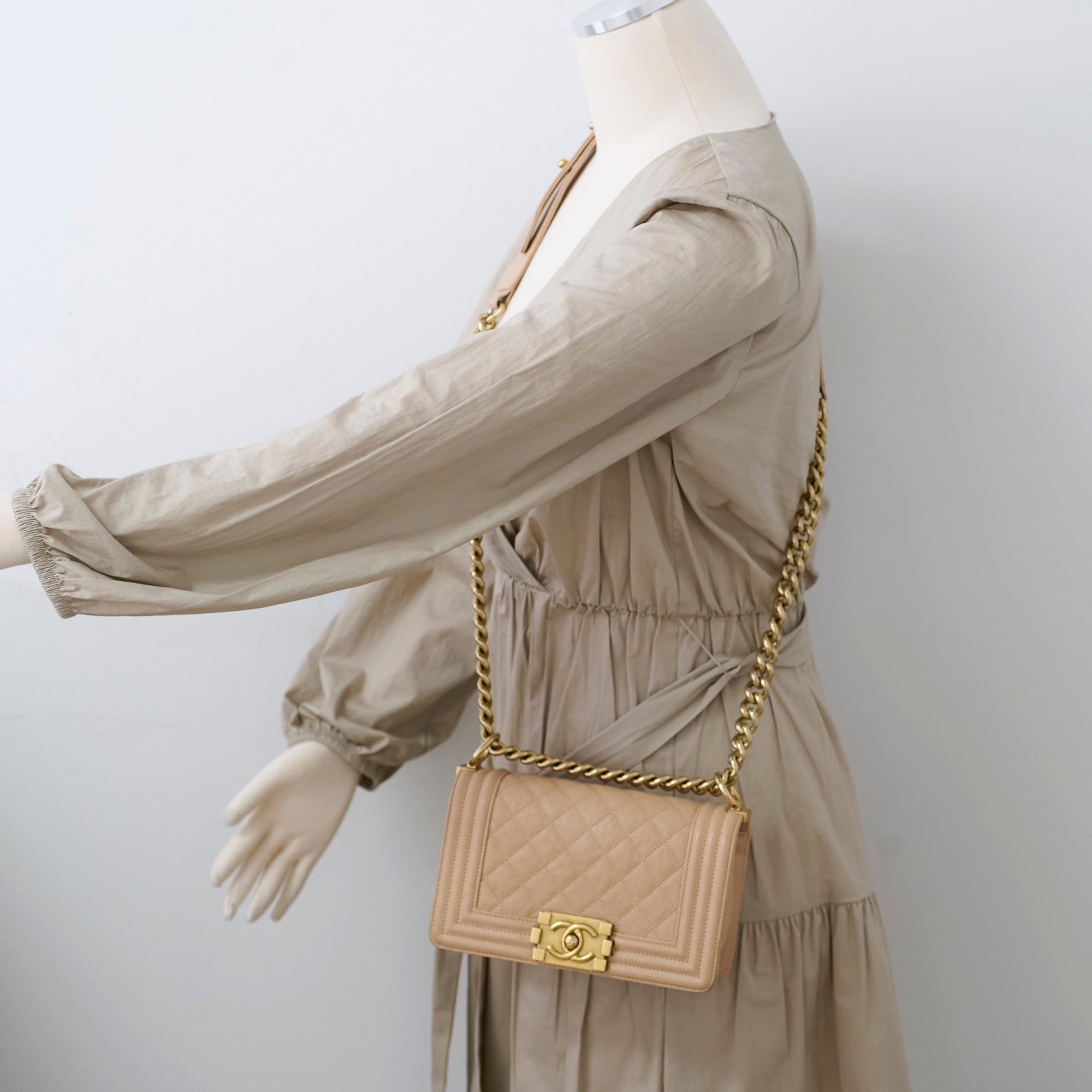 Chanel Small Boy Bag in Caviar Leather Beige - Luxury Designer Handbag for Women, Perfect for Parties & Evening Events