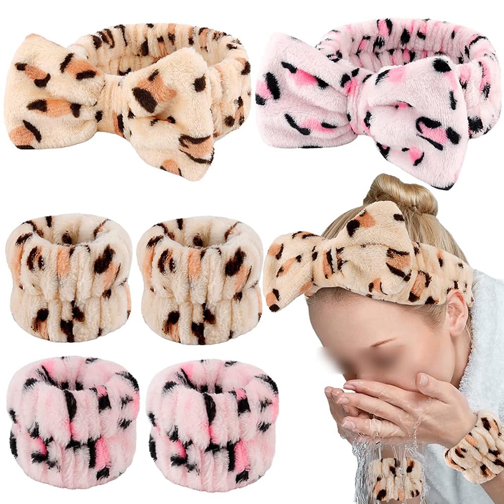 JIHUOO 3-Piece Soft Spa Facial Headband Set with Wristbands - Leopard Print Makeup & Skincare Headband for Washing Face, Perfect for Spa Days, Skincare Routines & At-Home Beauty Treatments