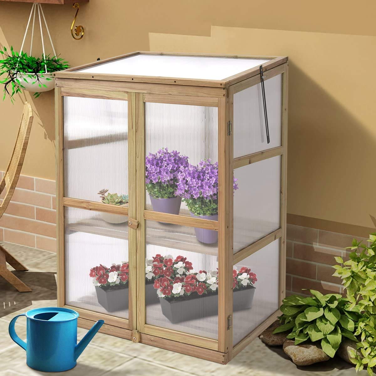ReunionG Portable Greenhouse with Wooden Cold Frame - Double Shelves Raised Bed Planter Box for Plants & Flowers - Openable Top Design (30