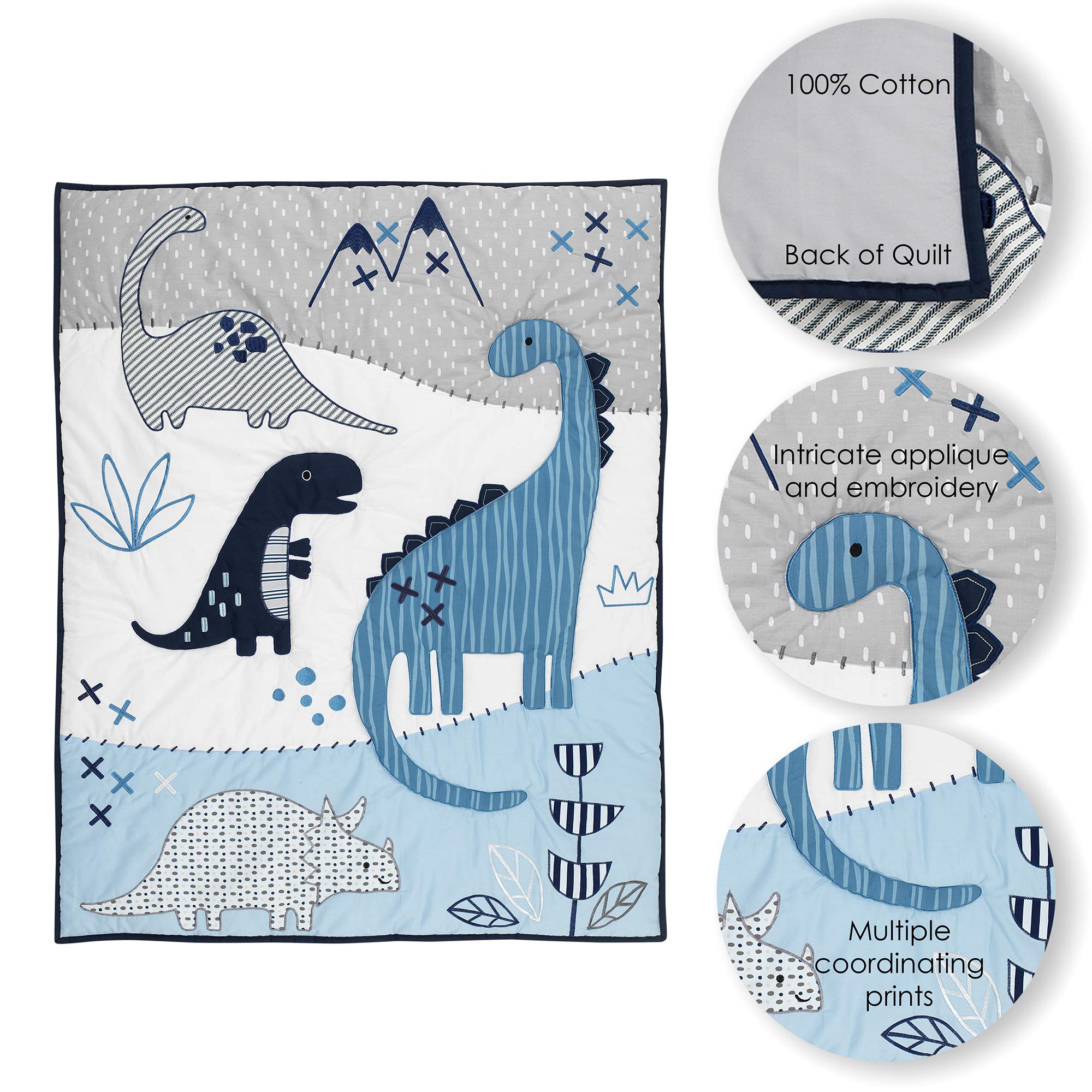 Lambs & Ivy Baby Dino Blue & White Dinosaur Nursery 6-Piece Crib Bedding Set - Soft Crib Sheets, Bumper, Skirt & More for Boys & Girls Nursery Decor