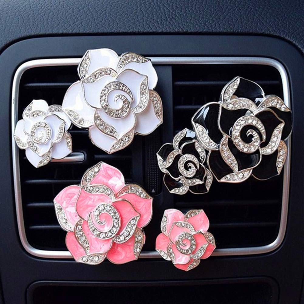 2Pcs Bling Camellia Car Vent Diffuser Clips with Artificial Diamonds - Pink Floral Air Vent Decoration for Car AC & Fragrance - Perfect for Sedans, SUVs & Office Spaces