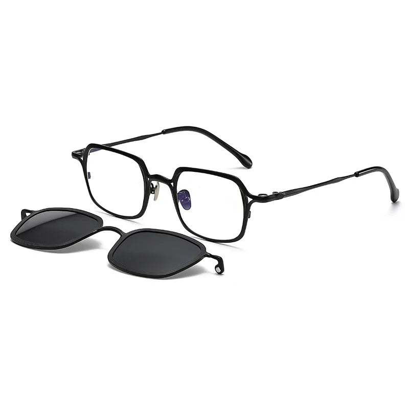 Stylish Black Unisex Titanium Square Full Rim Eyeglasses with Clip-On Sunglasses 45969 | Perfect for Outdoor Activities, Driving, and Fashion Accessories