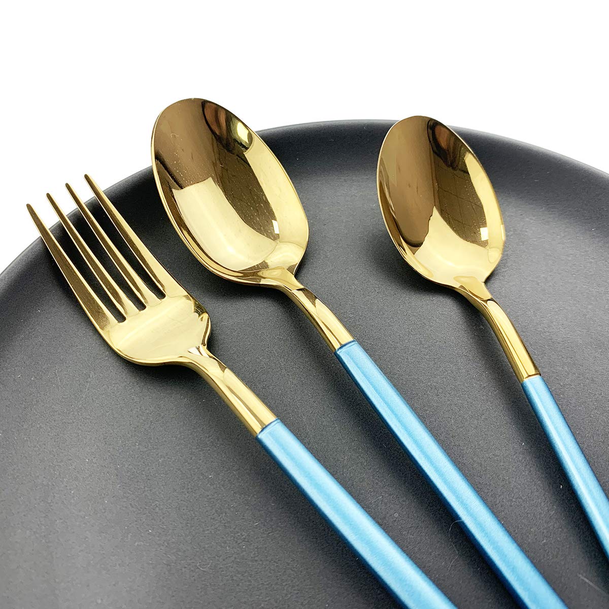 JASHII 5-Piece Modern Silverware Set - 18/10 Stainless Steel Elegant Flatware with Square Edge - Mirror Polished & Dishwasher Safe (Blue Gold) - Perfect for Fine Dining, Wedding Gifts & Everyday Kitchen Use